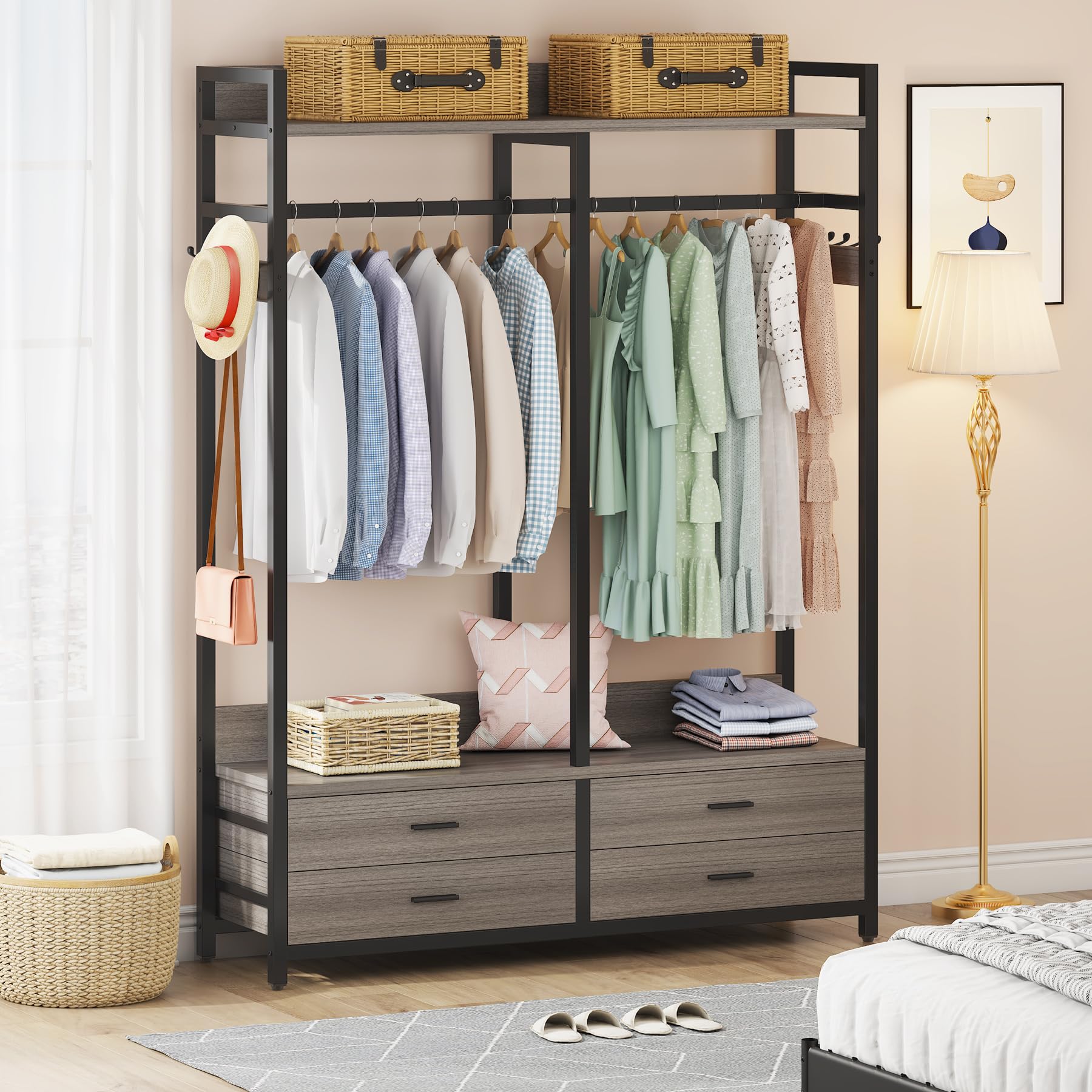 Tribesigns Heavy Duty Freestanding Closet Organizer - 4 Drawers, 8 Hooks & Storage Shelves Garment Rack for Hanging Clothes | Wardrobe Storage Solution for Bedroom, Living Room & Walk-In Closets | Space-Saving Grey Clothing Rack for Home Organization
