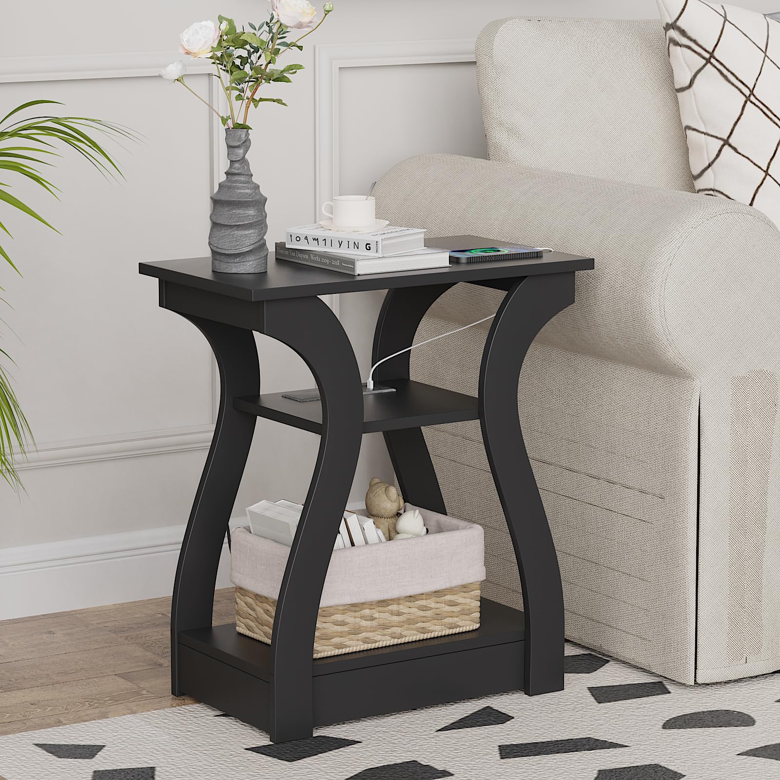 2-Piece End Table Set with Charging Station - USB Ports & Outlets, 3-Tier Nightstand with Storage Shelf for Living Room & Bedroom (Black) - Perfect for Small Spaces, Apartments, and Modern Home Decor