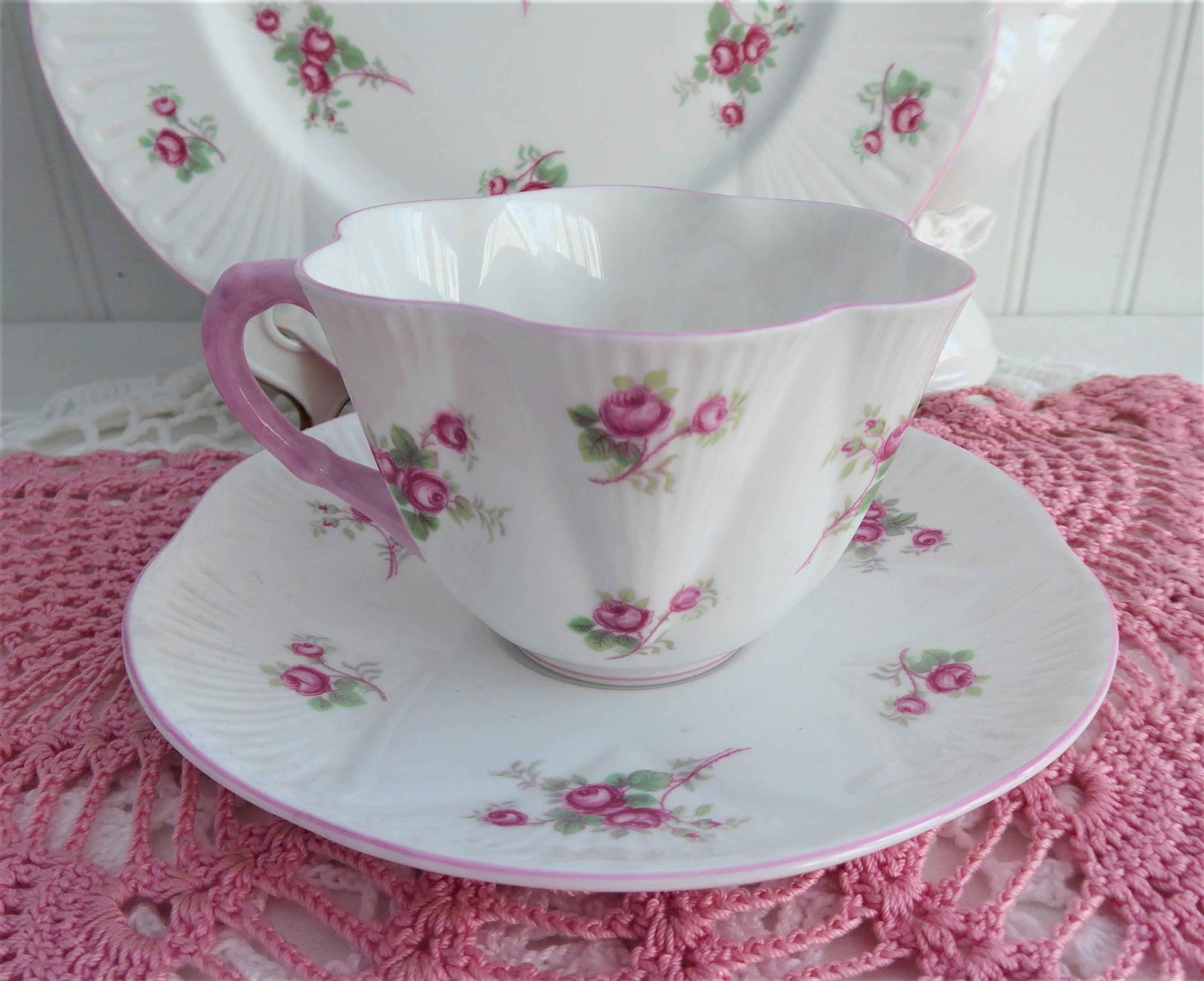 Vintage Shelley Dainty Bridal Rose Teacup Trio Set with Saucer and Matching Plate - 1950s English Bone China for Afternoon Tea, Bridal Shower, and Wedding Gift