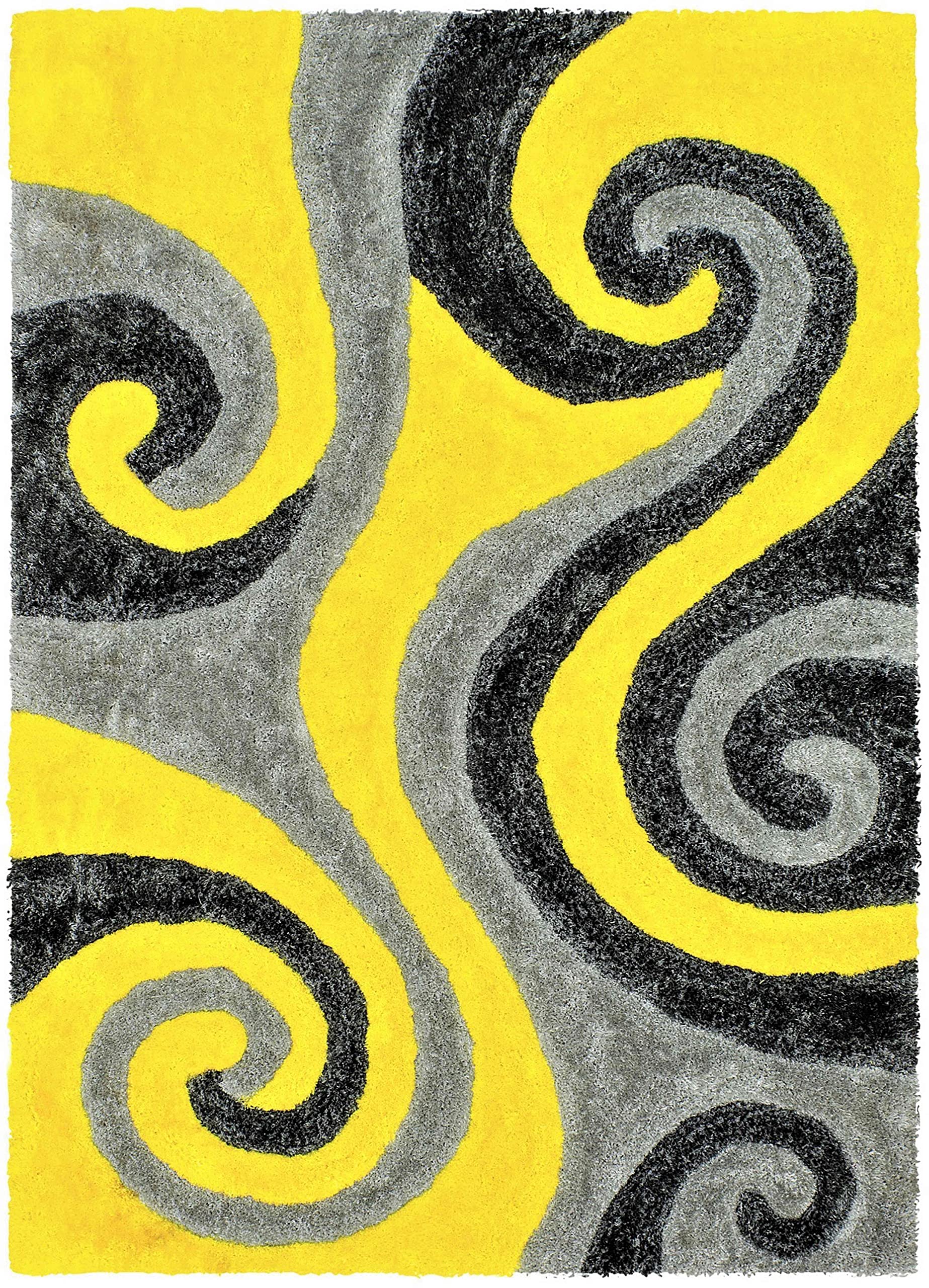 5x7 Yellow Shag Rug - Modern Swirls Pattern Hand Carved Shaggy Area Rug in Yellow/Gray/Black for Living Room, Bedroom & Dorm Decor | Soft Plush Floor Carpet for Cozy Home, Office & Nursery