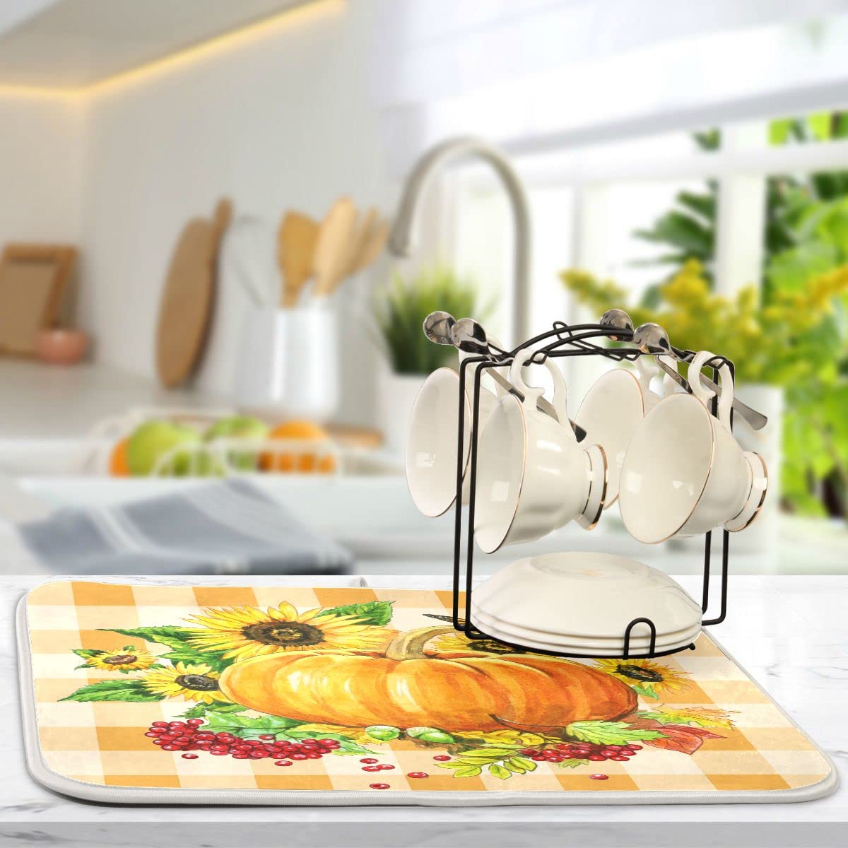 Sunflower Autumn Pumpkin Microfiber Dish Drying Mat - Absorbent Kitchen Counter Protector, 16x18 Inch, Perfect for Countertops, Sink Areas, and Dish Racks
