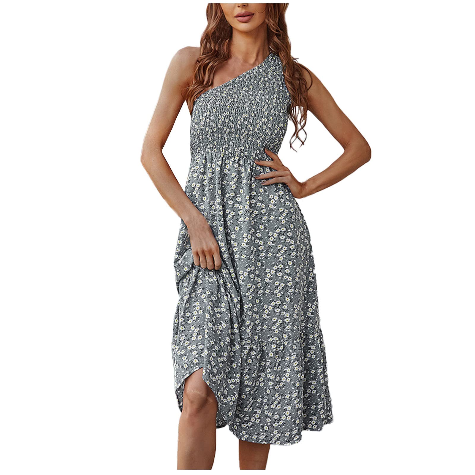 Boho Floral Print One Shoulder Sleeveless Ruffle Long Dress for Women - Summer Beach Party, Wedding Guest, Vacation Outfit