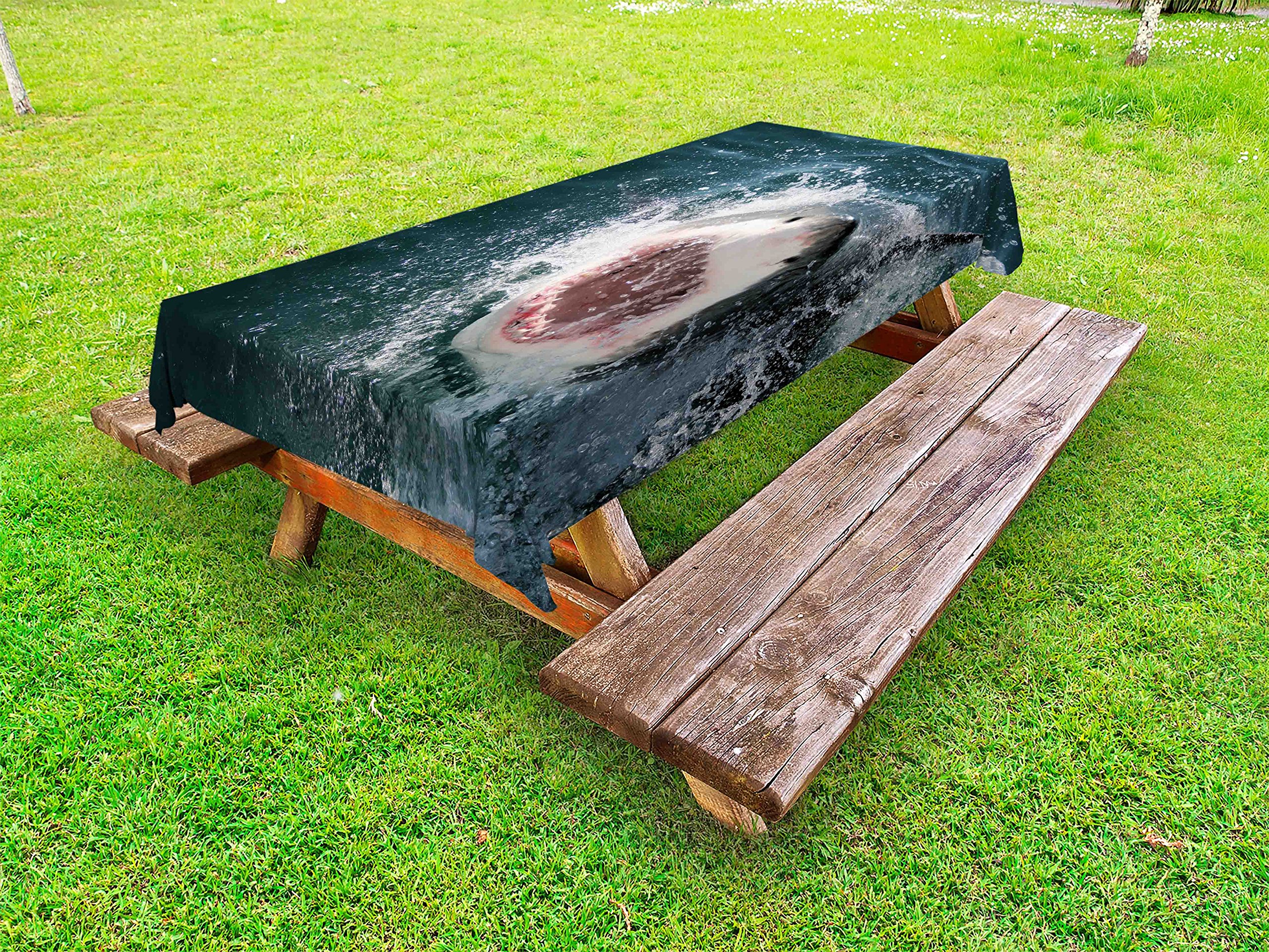 Ambesonne Shark Print Outdoor Tablecloth - Scary Sea Animal Attack Design with Teeth & Mouth, Washable Picnic Table Cover 58x84 Inches, Petrol Blue Grey White - Perfect for Beach Parties, BBQs & Ocean-Themed Decor