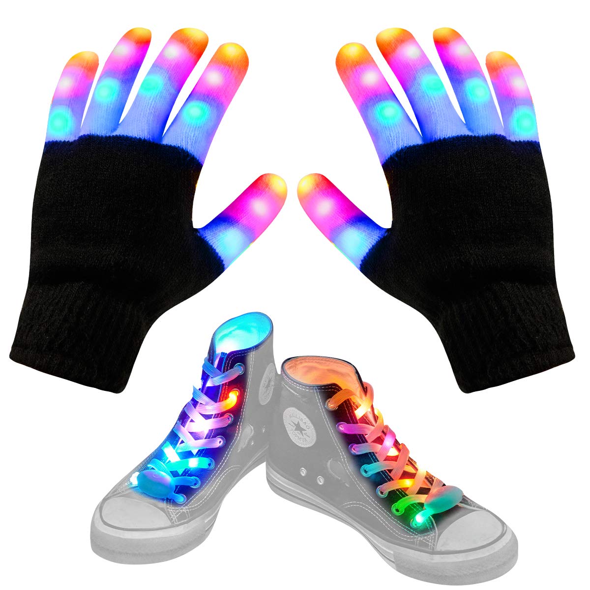 **Aywewii LED Gloves & Shoelaces Set - Colorful Flashing Light Up Gloves for Kids & Teens (Ages 5-16) - Cool Party, Christmas, Birthday & Halloween Gifts - Perfect for Raves, Concerts, Night Events & Festive Celebrations**