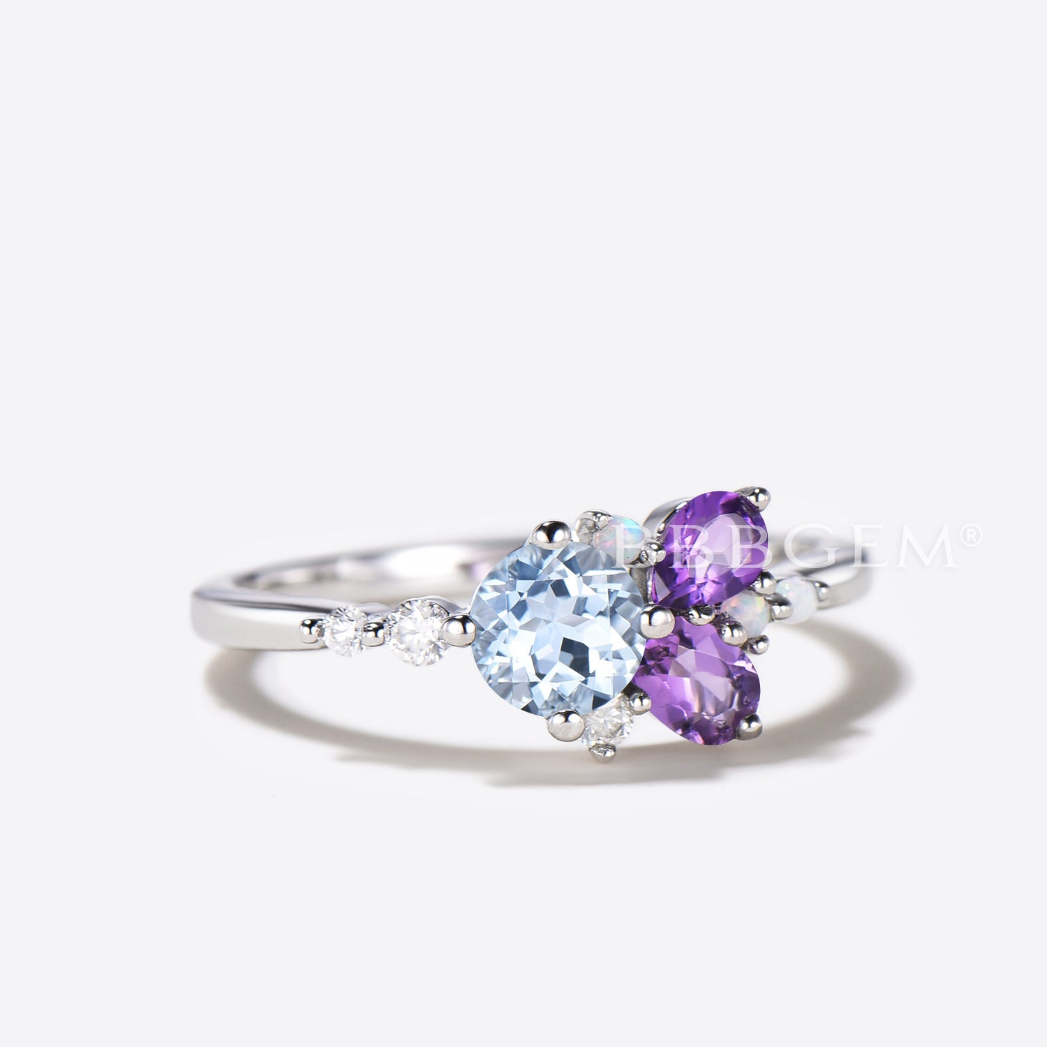 Natural Aquamarine & Amethyst Cluster Engagement Ring with Opal Accents - Elegant Multi-Stone Wedding Band for Brides, Promise Rings & Anniversary Gifts (Perfect for Proposals, Valentine's Day & Special Occasions)