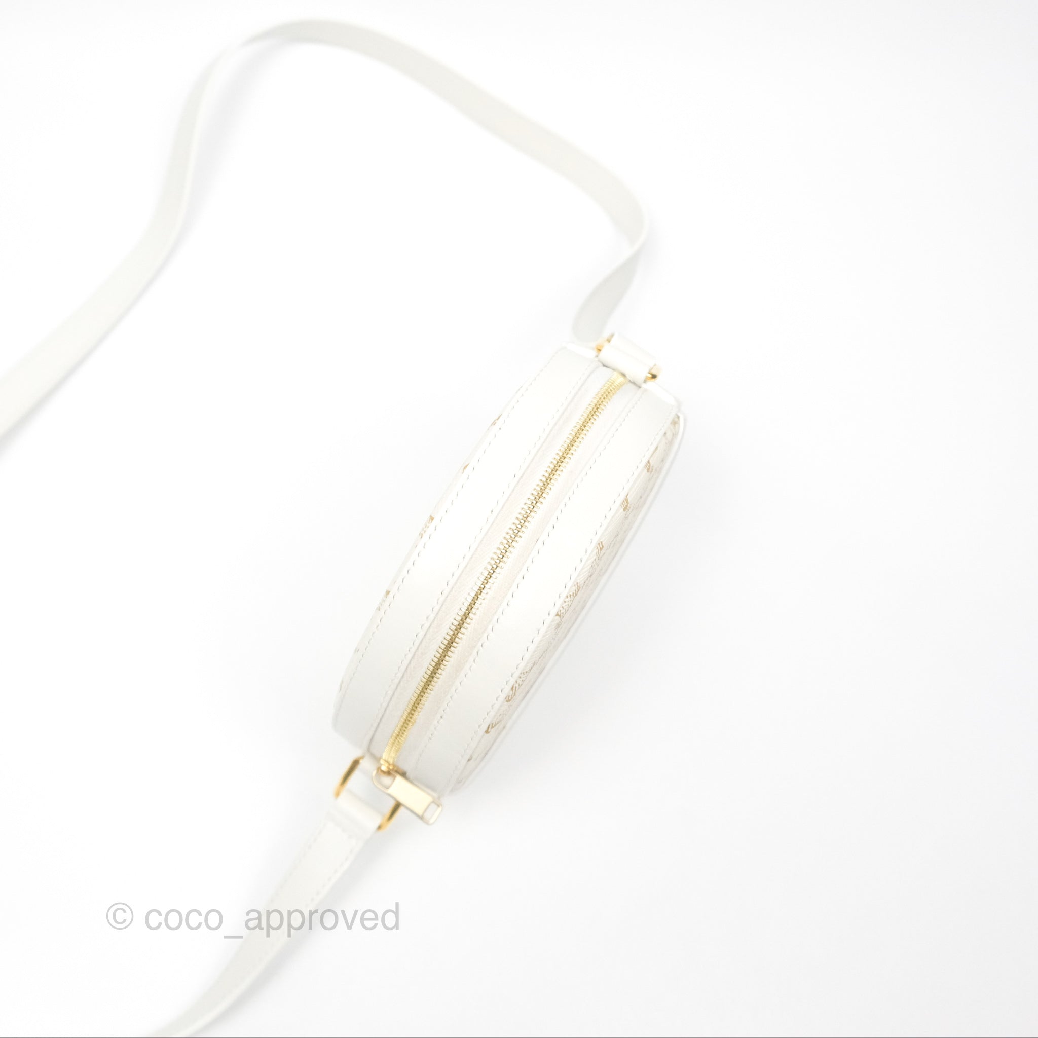 Celine Round Crossbody Bag with Strap - Triomphe Canvas & White Calfskin Leather - Perfect for Everyday Use, Work & Evening Out