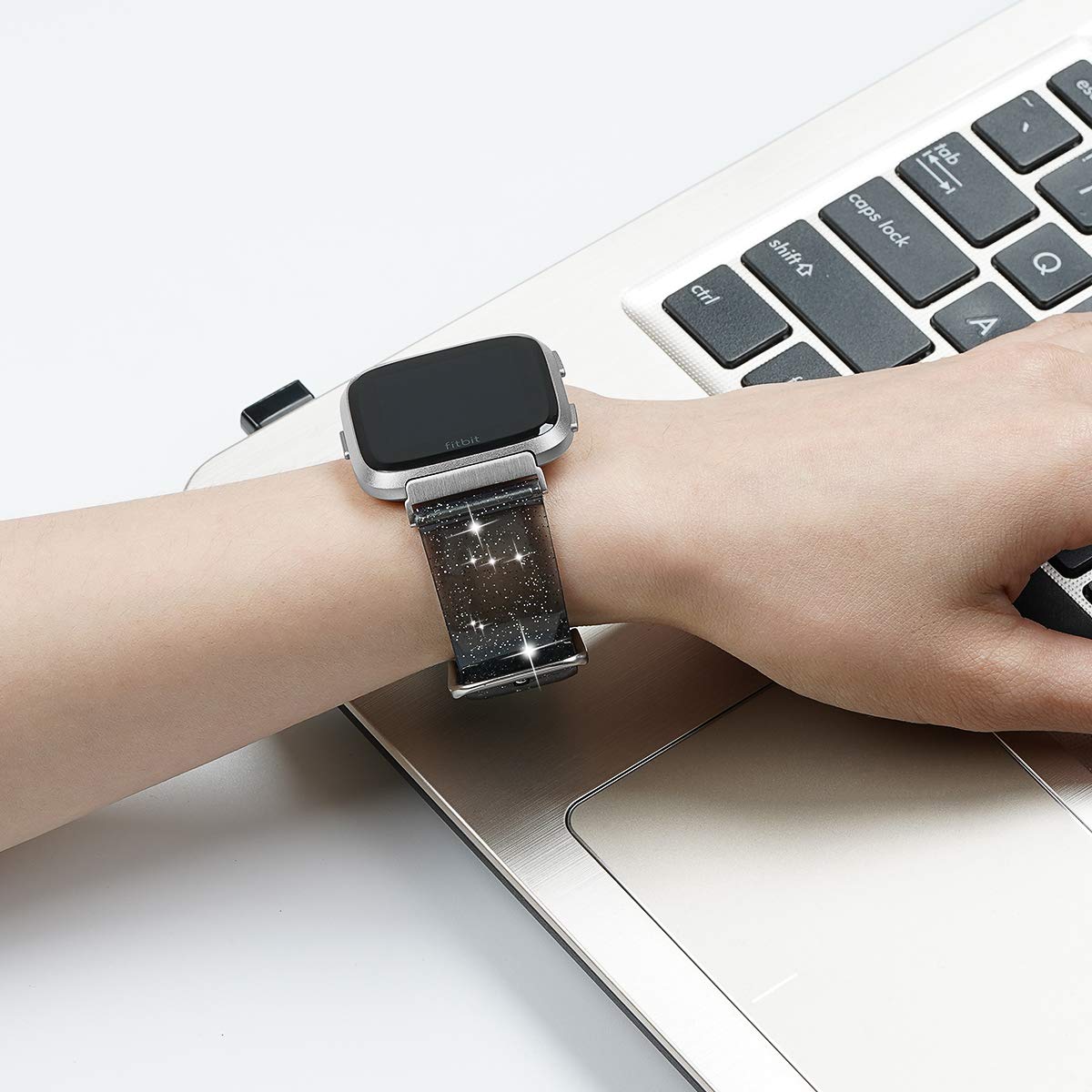 iiteeology Compatible with Fitbit Versa Bands - Soft TPU Clear Glitter Watch Band for Fitbit Versa 2/Versa Lite/Versa SE - Women's Smartwatch Accessory in Black & Silver | Perfect for Workouts, Daily Wear & Fashion Style