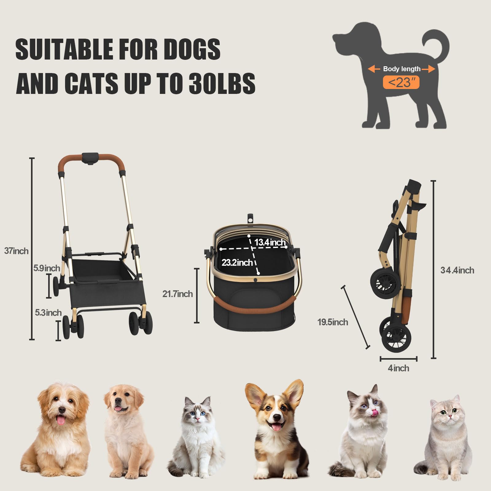 Premium Dog Stroller for Medium & Small Dogs Up to 30 lbs - Foldable Cat Carrier with Detachable Pet Bag & Storage Basket - Perfect for Outdoor Walks, Vet Visits, and Shopping Trips