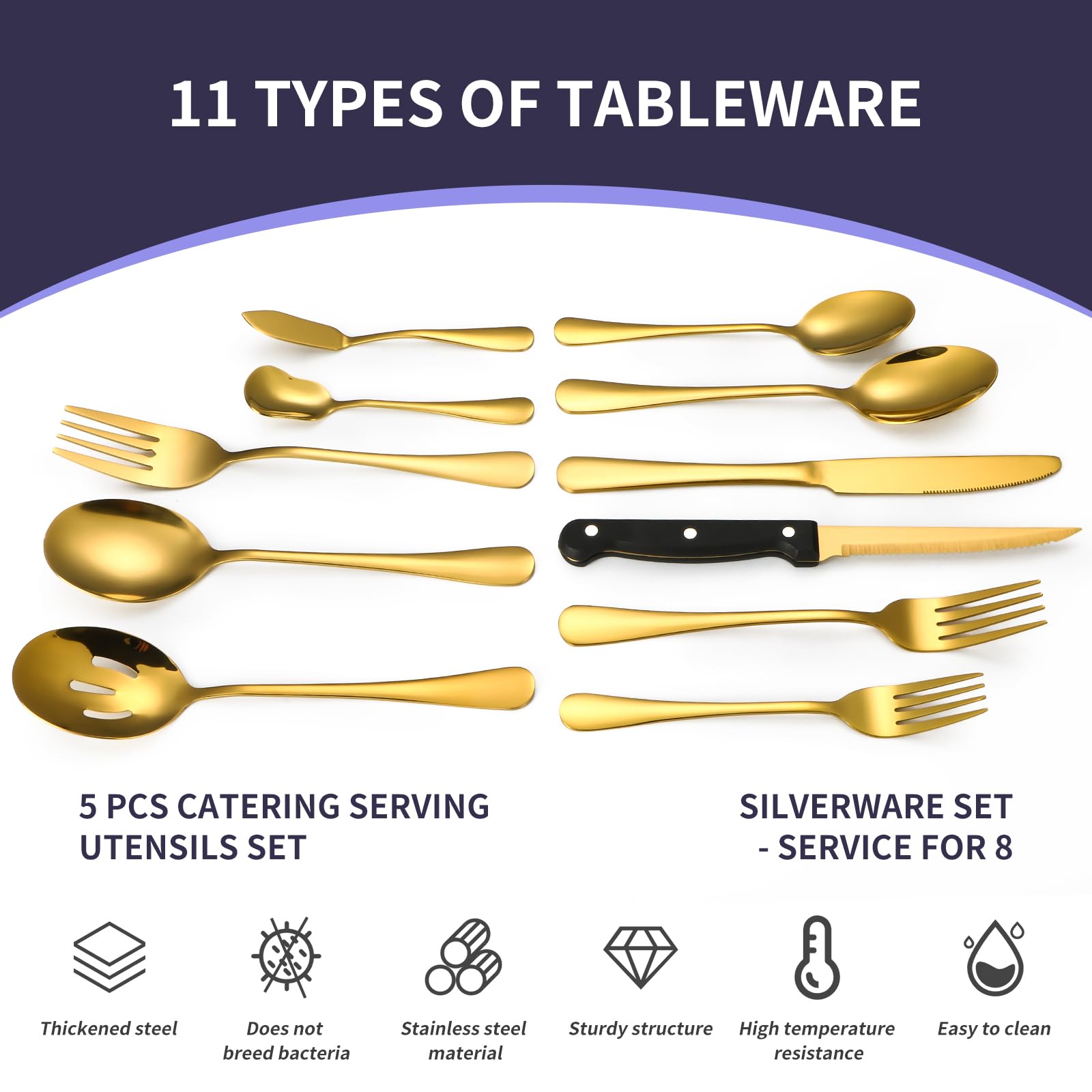 53-Piece Gold Silverware Set for 8 - Premium 18/10 Stainless Steel Flatware Set with Steak Knives & 5-Piece Serving Utensils - Elegant Cutlery Set for Restaurants, Hotels & Home Dining - Dishwasher Safe - Perfect for Dinner Parties, Weddings & Formal Events