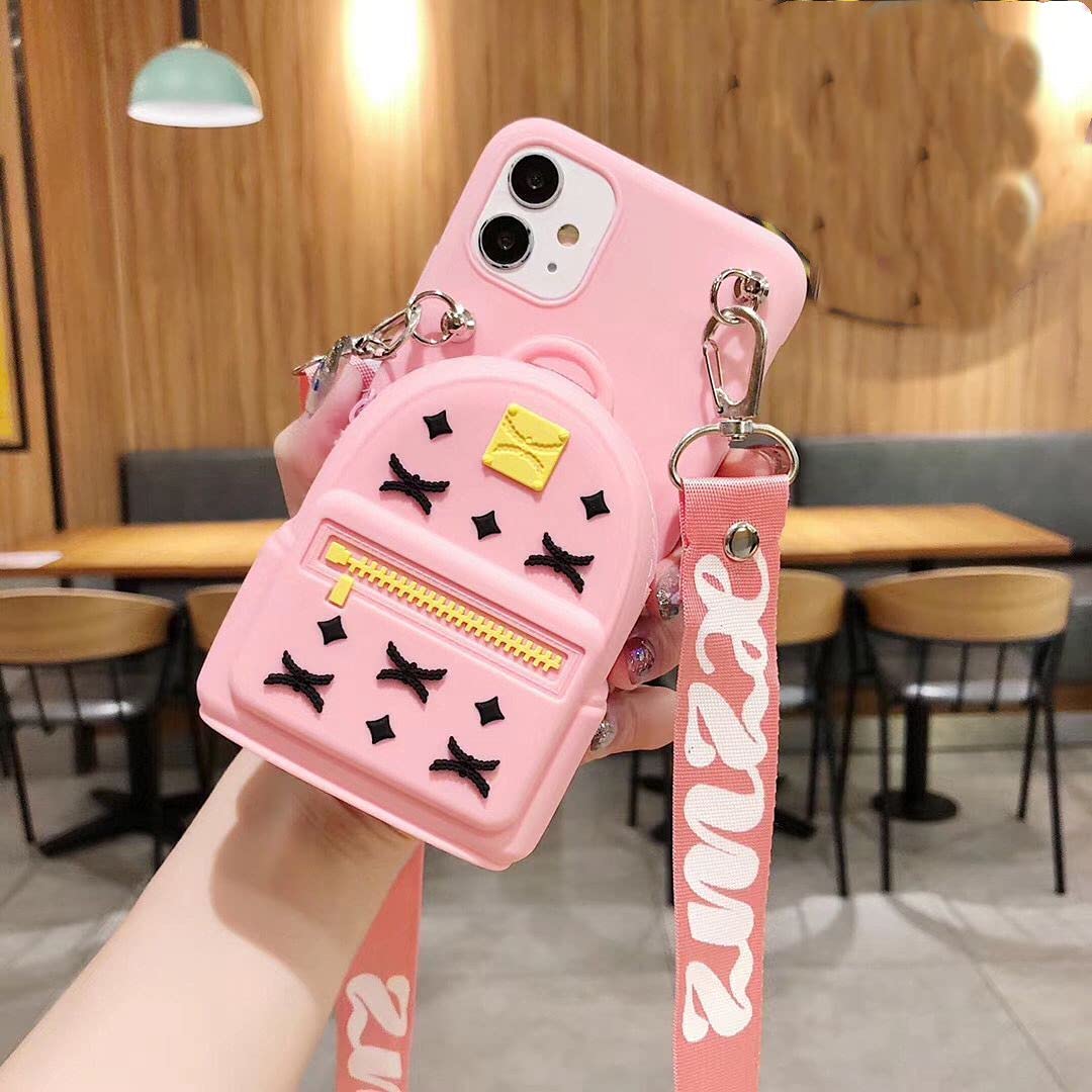 Cute Cartoon iPhone 8 Plus/7 Plus Backpack Design Case - Soft Silicone Shockproof Cover with Card Holder & Kickstand for Women & Teens (Pink) | Perfect for School, Travel & Everyday Use
