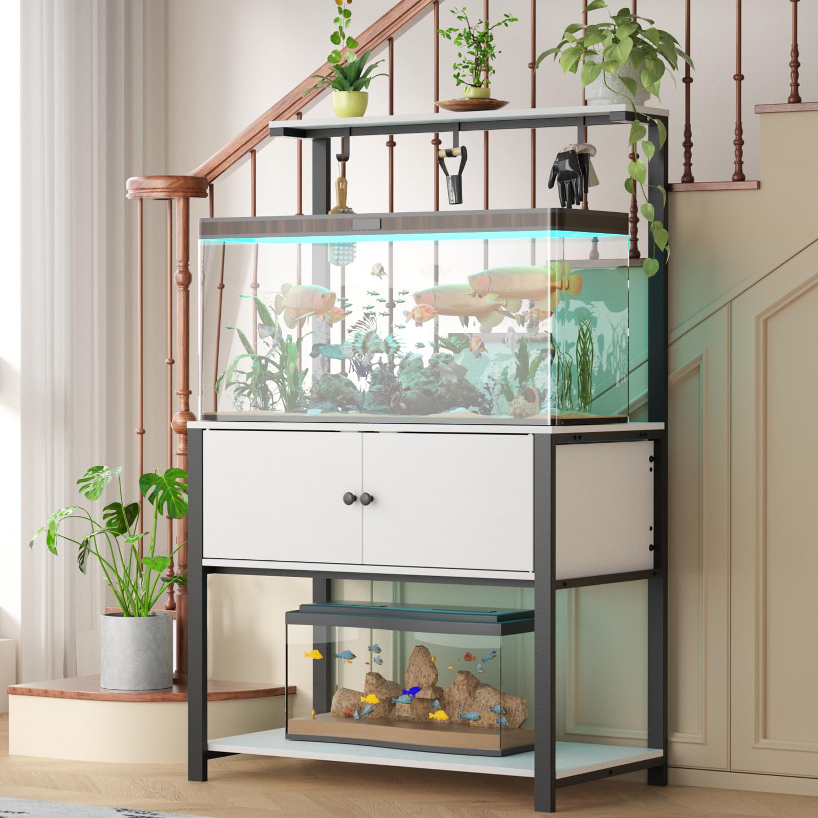 40-50 Gallon Heavy Duty Metal Fish Tank Stand with Power Outlets, LED Light & Storage Shelf - 37