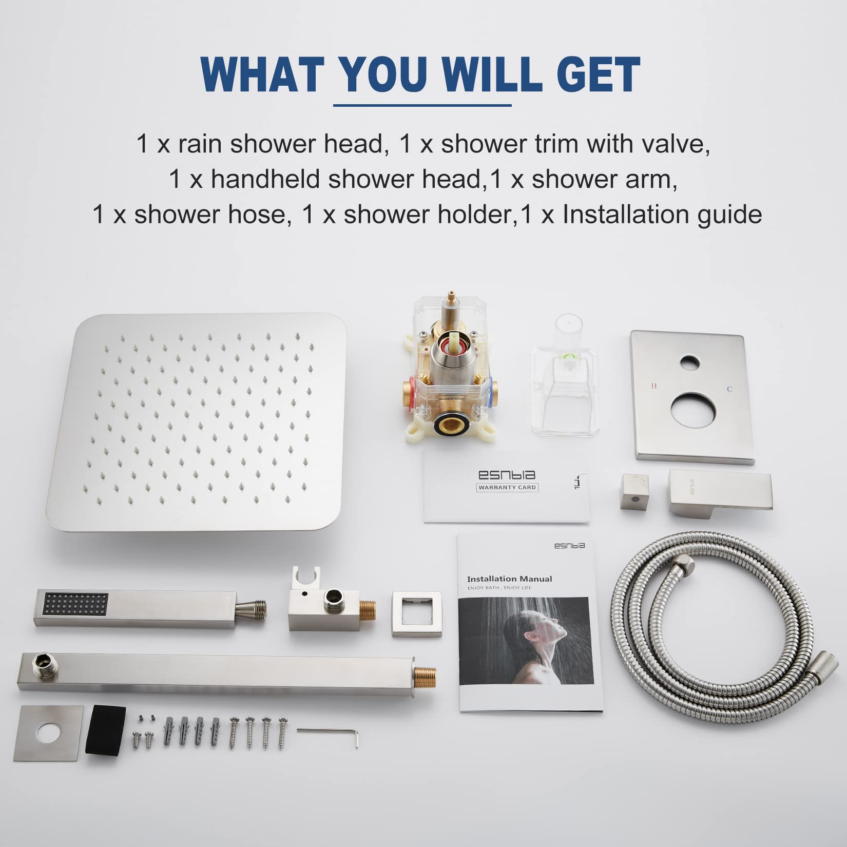 ESNBIA 12-Inch Pressure Balance Shower System - Wall Mounted Rainfall Shower Head with Handheld Spray Combo, Brushed Nickel Finish - High Pressure Shower Faucet Set for Luxurious Bathroom Experience | Perfect for Master Bath, Spa-Like Showers & Modern Home Renovations