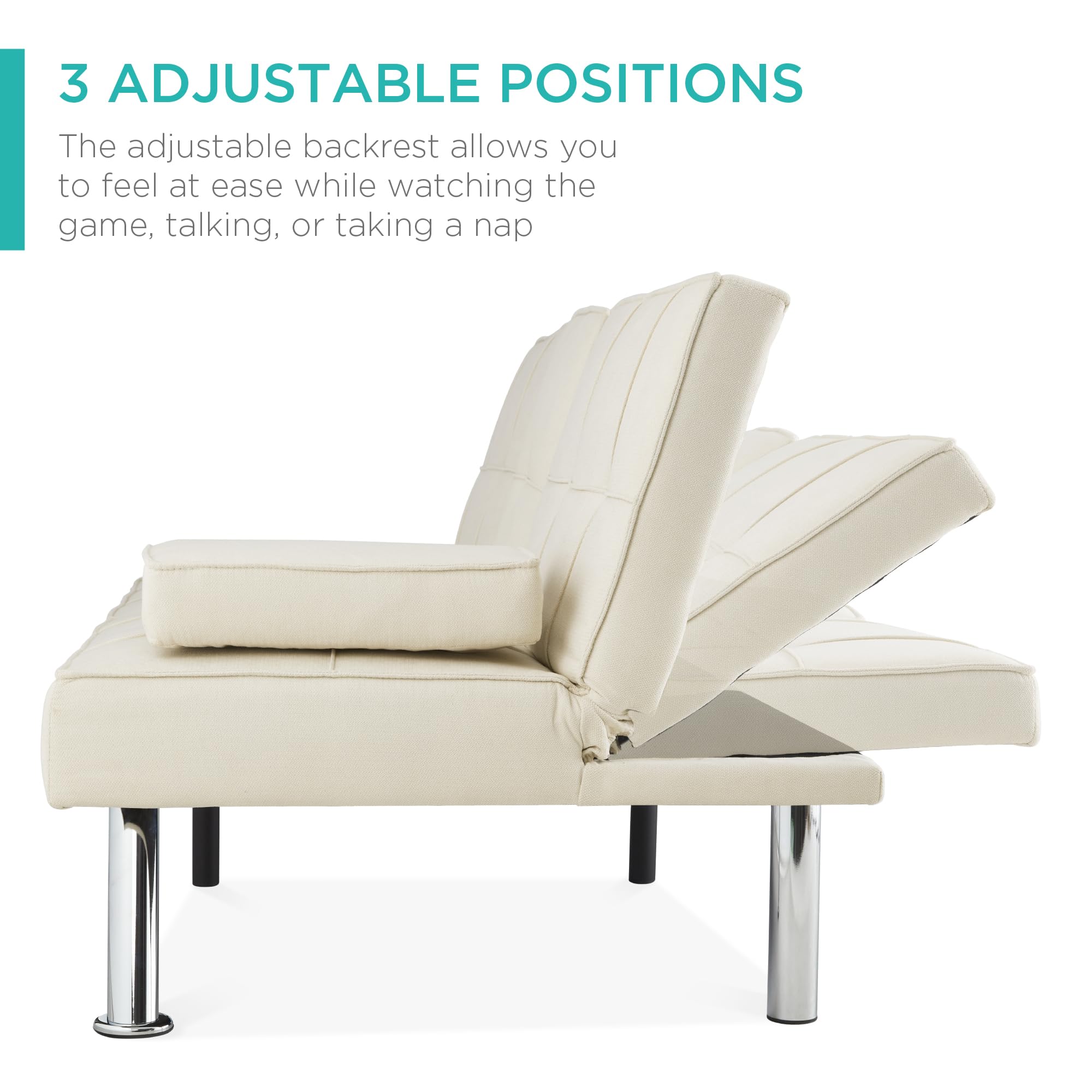 Best Choice Products Modern Folding Futon Sofa Bed - Reclining Linen Convertible Couch with Removable Armrests & 2 Cupholders - Ivory - Perfect for Small Apartments, Dorm Rooms & Guest Rooms