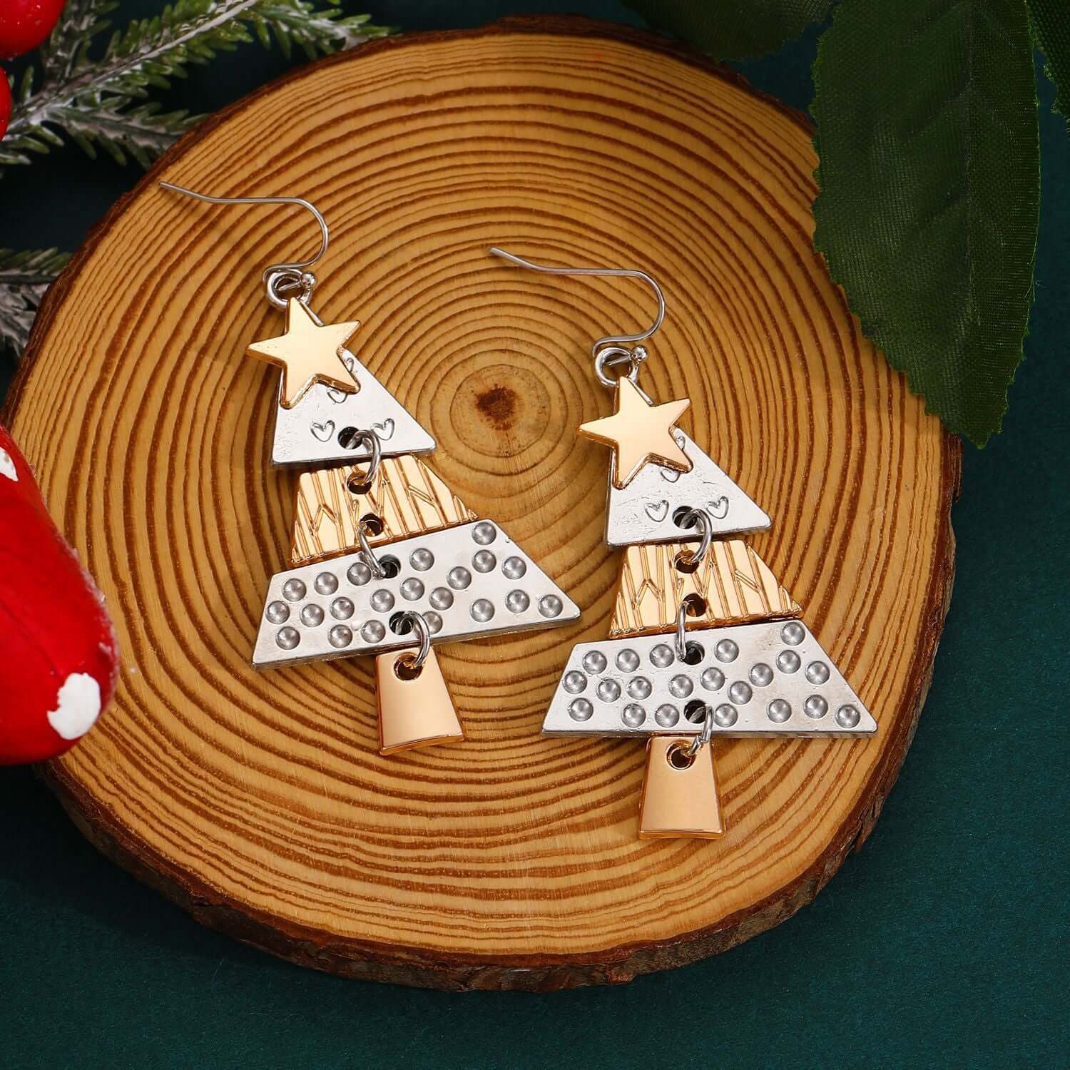 Christmas Tree Xmas Star 2-Tone Dangle Earrings for Women | Holiday Party Jewelry Gift | D1248 | Perfect for Christmas Celebrations & Festive Outfits