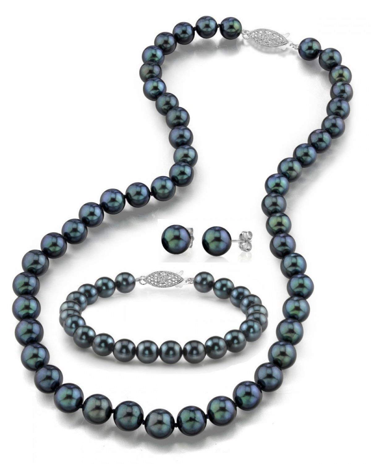 14K Gold Black Akoya Pearl Jewelry Set for Women - Necklace, Bracelet & Earrings - Perfect for Weddings & Parties