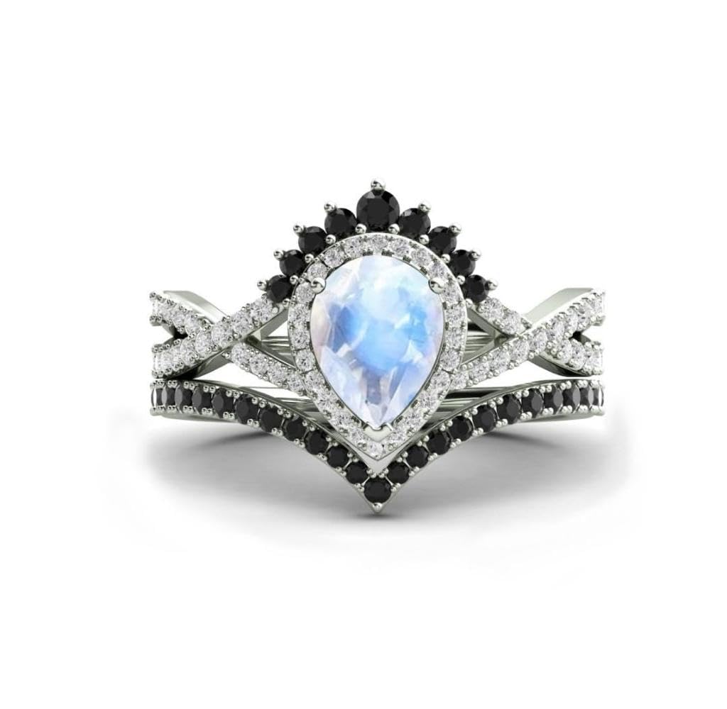 925 Sterling Silver Pear Shape Blue Moonstone Engagement Ring Set for Women - Wedding, Anniversary, Promise Ring - White Gold Plated, Size 5.5 - Perfect for Proposals, Bridal Jewelry & Special Occasions