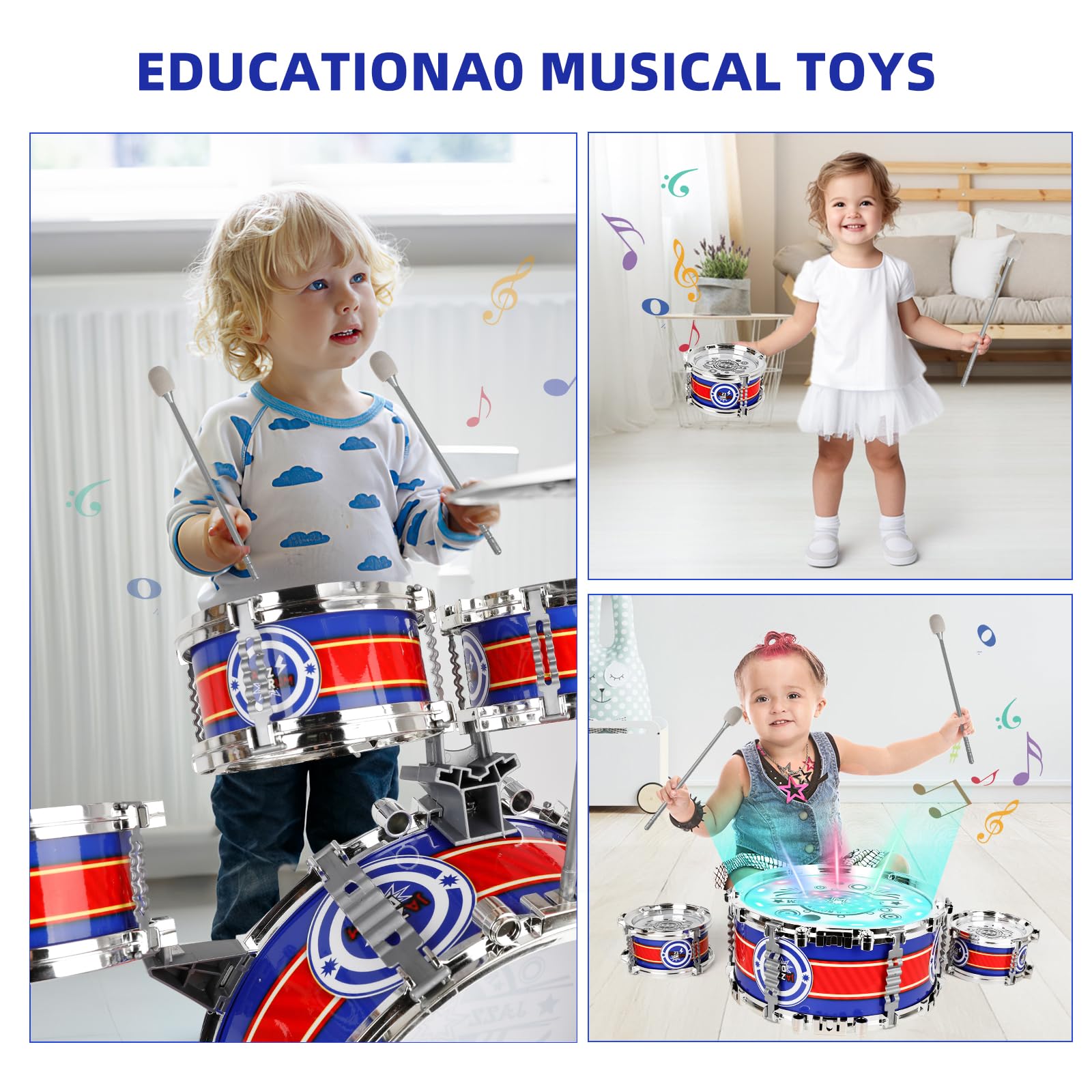 M SANMERSEN 5-Piece Toddler Drum Kit for Kids Ages 1-3 | Compact Musical Toy Set with Stool & Cymbal | Perfect Birthday Gift for 1-3 Year Old Boys & Girls | Blue Drum Set for Early Music Learning & Playtime Fun