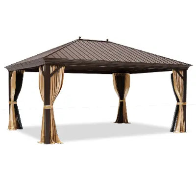 12' x 16' Hardtop Gazebo with Curtain & Netting - Galvanized Steel & Aluminum Permanent Pavilion for Patio, Backyard, Garden Outdoor Relaxation | EROMMY Brown Weather-Resistant Gazebo