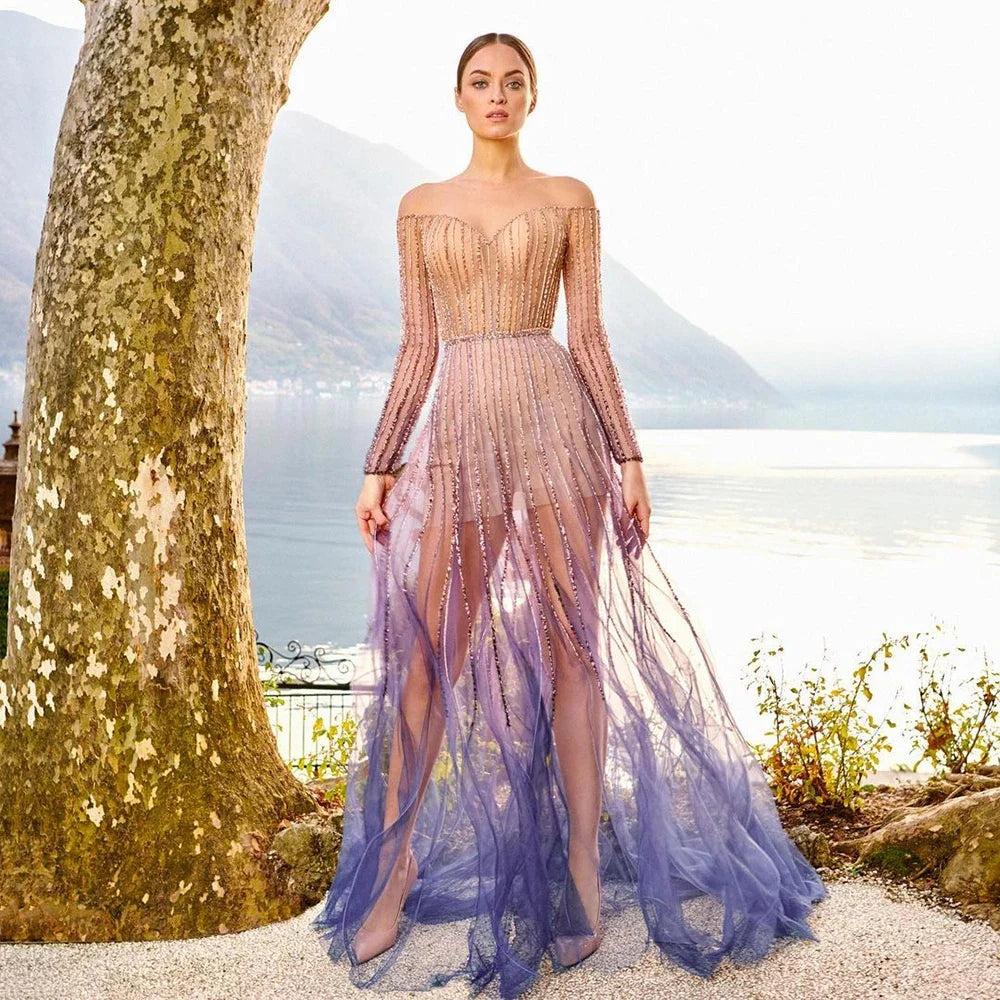 Elegant Purple Beaded A-Line Long Evening Dress for Women - Luxury Dubai Arabic Style Formal Gown LA72752 | Perfect for Weddings, Galas, and Special Occasions