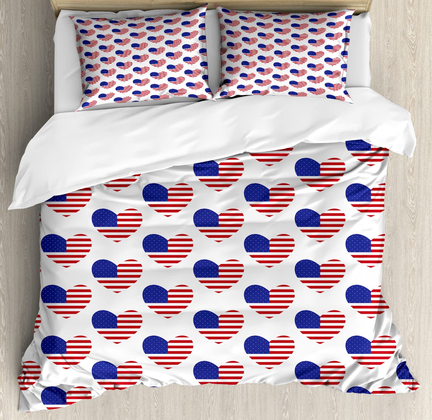 Ambesonne 4th of July Duvet Cover Set - Patriotic American Flag Heart Design Queen Size Bedding (2 Duvet Covers + 4 Pillowcases) Red White Navy Blue - Perfect for Independence Day Decor & Patriotic Bedroom Themes