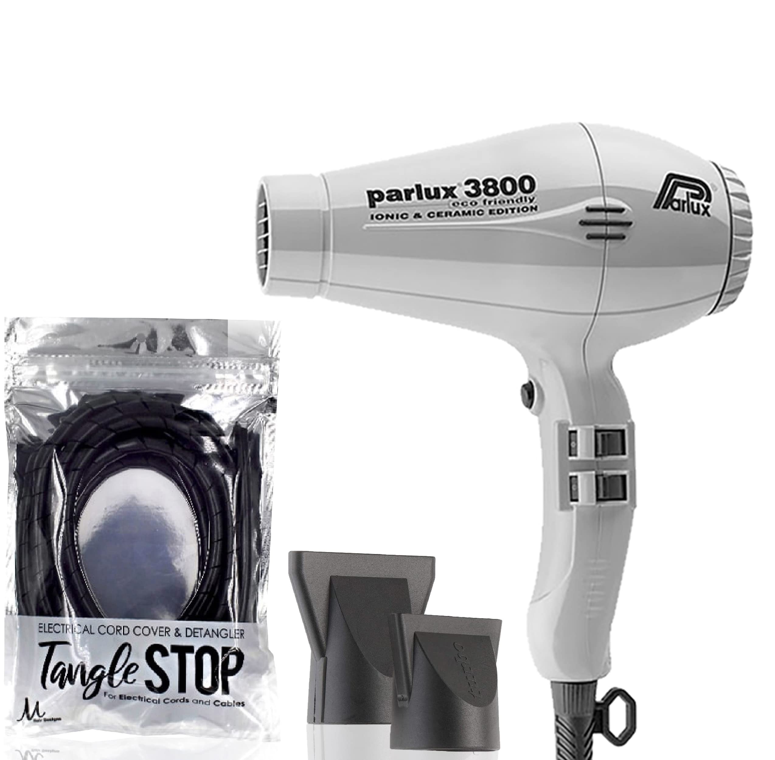 Parlux 3800 Eco Friendly Ionic & Ceramic Hair Dryer with M Hair Designs Tangle Stop Cord Cover Detangler Bundle - Professional Salon Quality Blow Dryer for Frizz Control & Fast Drying - Perfect for Home & Salon Use