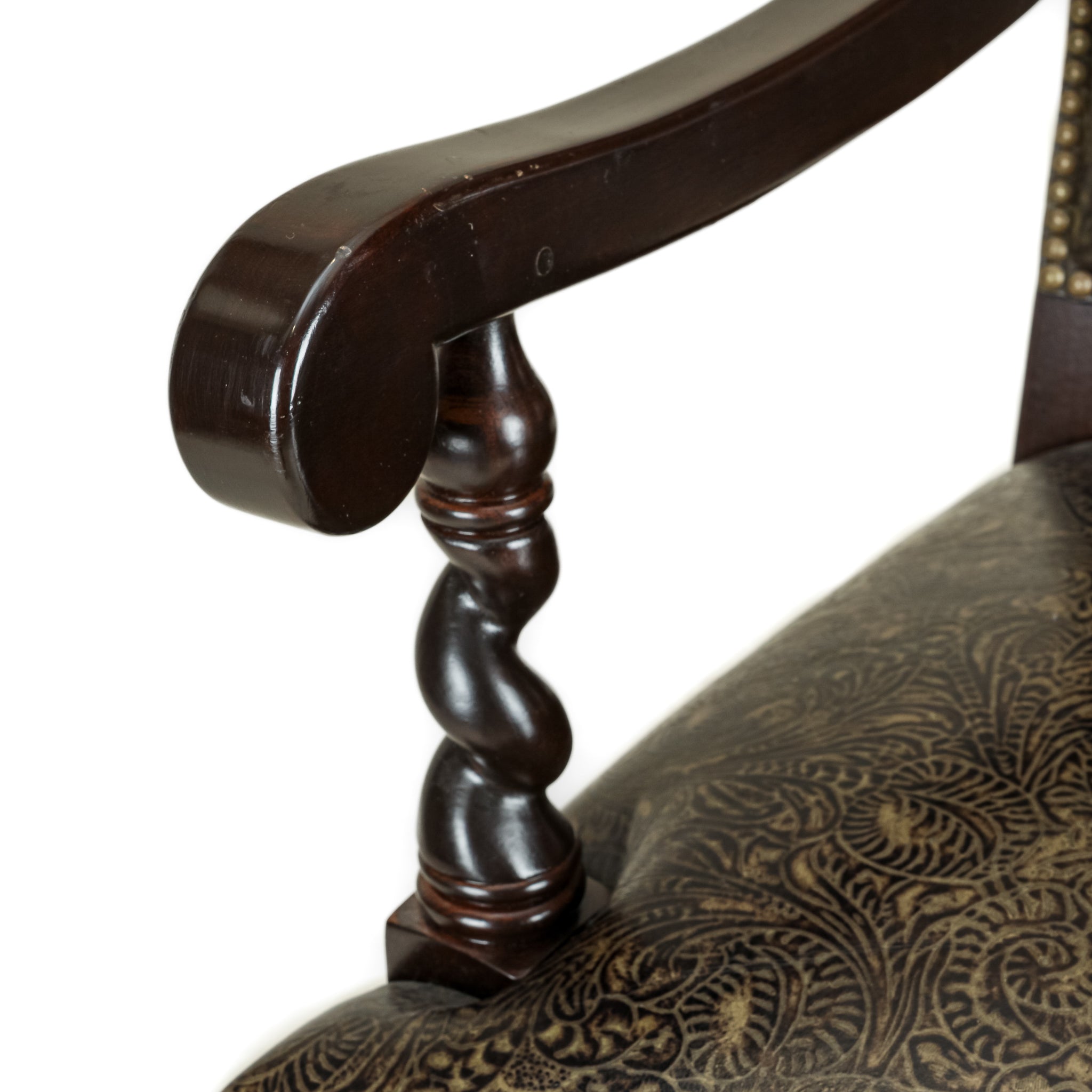 STICKLEY 8 Barley Twist Dining Chairs with Patterned Leather Upholstery - Elegant Victorian Style Seating for Formal Dining Room & Home Decor