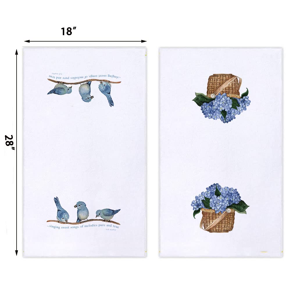 Blue Birds & Hydrangea Floral Kitchen Dish Towels Set of 2 - 18