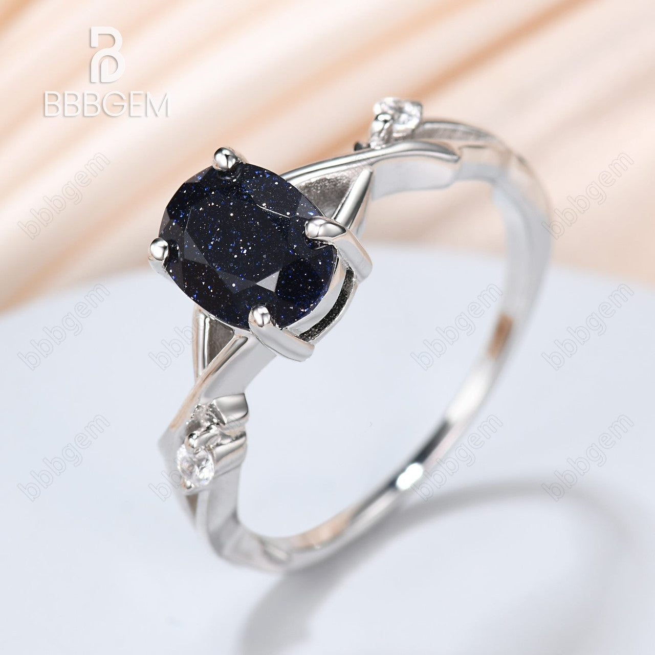 925 Sterling Silver White Gold Plated Oval Natural Blue Sandstone Twisted Vine Solitaire Engagement Ring for Women - Perfect for Proposals, Weddings & Anniversary Gifts