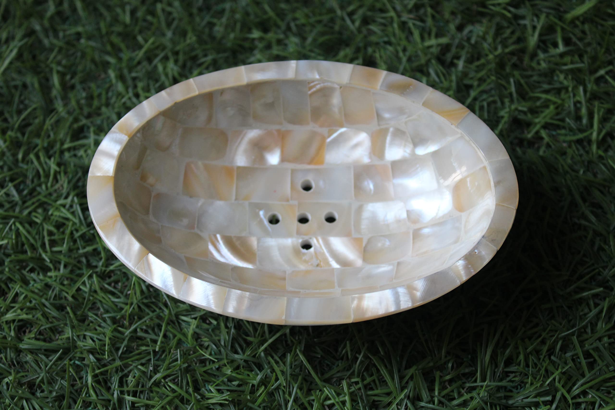 Oval Mother of Pearl Soap Holder - Draining Dish Soap Saver with Sponge Holder - Extends Soap Life & Easy to Clean - Kitchen Sink Organizer Tray for Dishwashing Accessories - Perfect for Bathroom, Kitchen & Laundry Room Organization