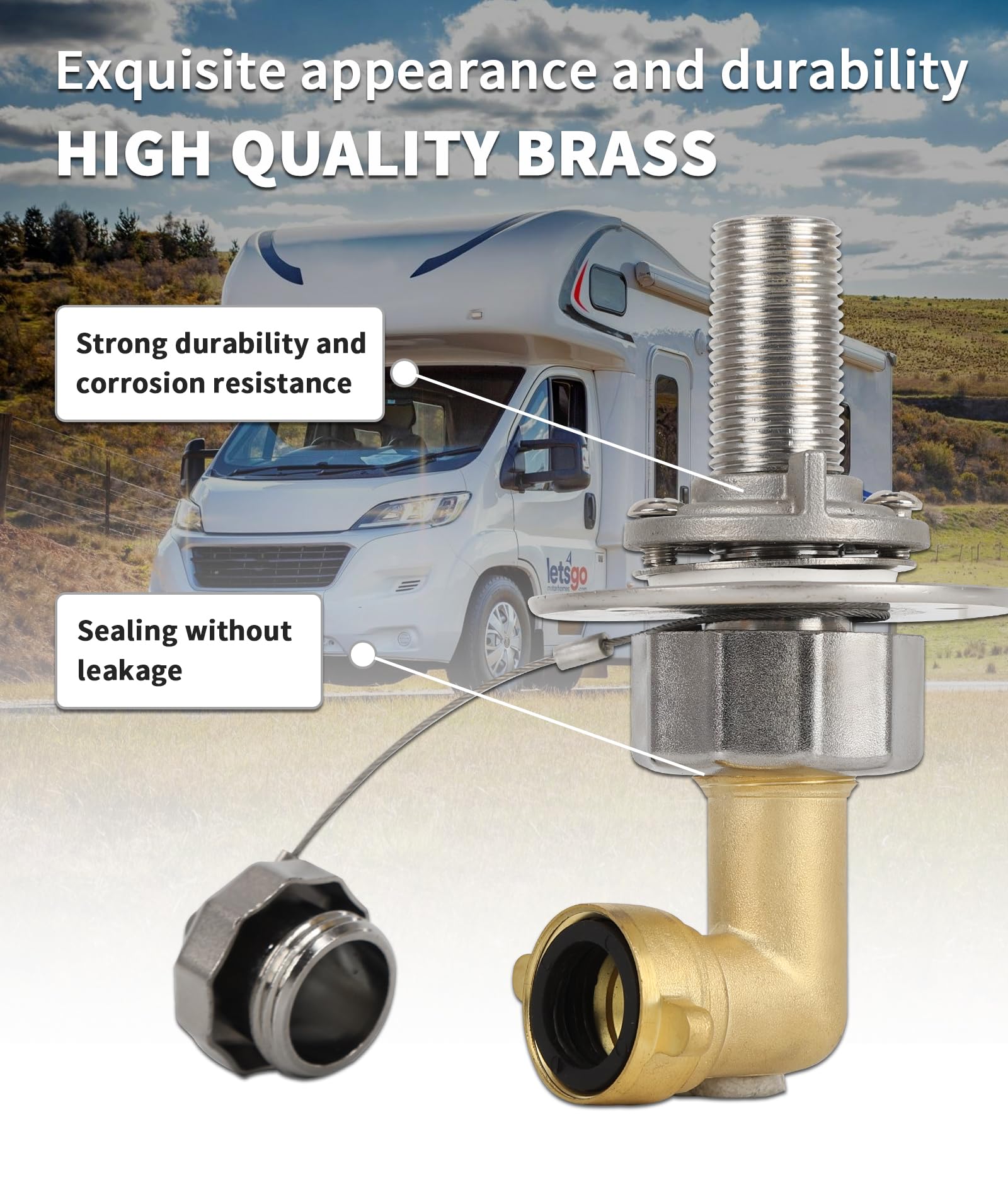 Heavy Duty All Metal RV Water Inlet with 90° Solid Brass Hose Elbow - 3/4