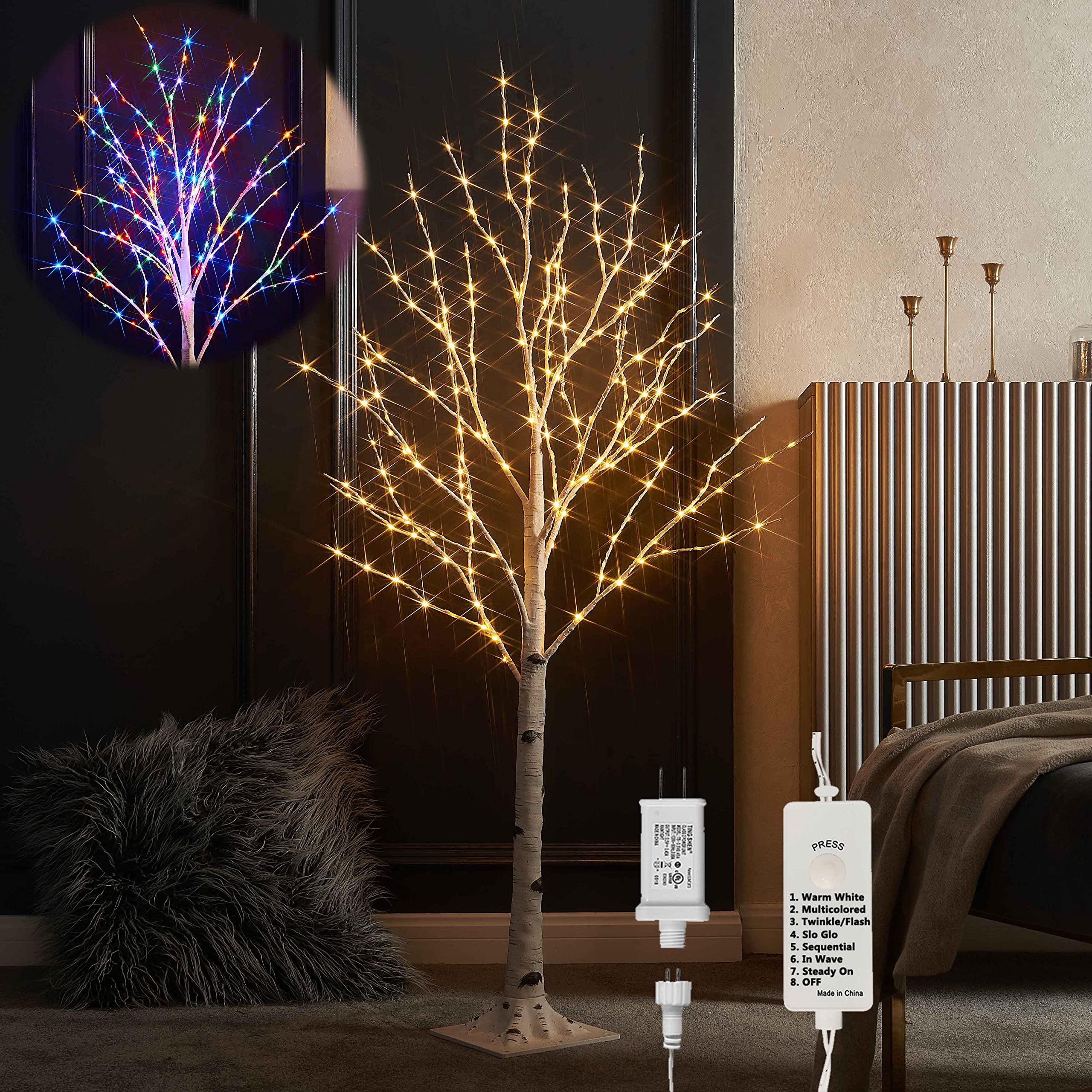 LITBLOOM 4FT LED Twig Birch Tree with 200 Warm White & Multicolor Lights - 8 Lighting Modes, Indoor/Outdoor Holiday Decor for Christmas, Easter, Bedroom, Garden & Party Decoration | Plug-in Fairy Lights for Cozy Ambiance
