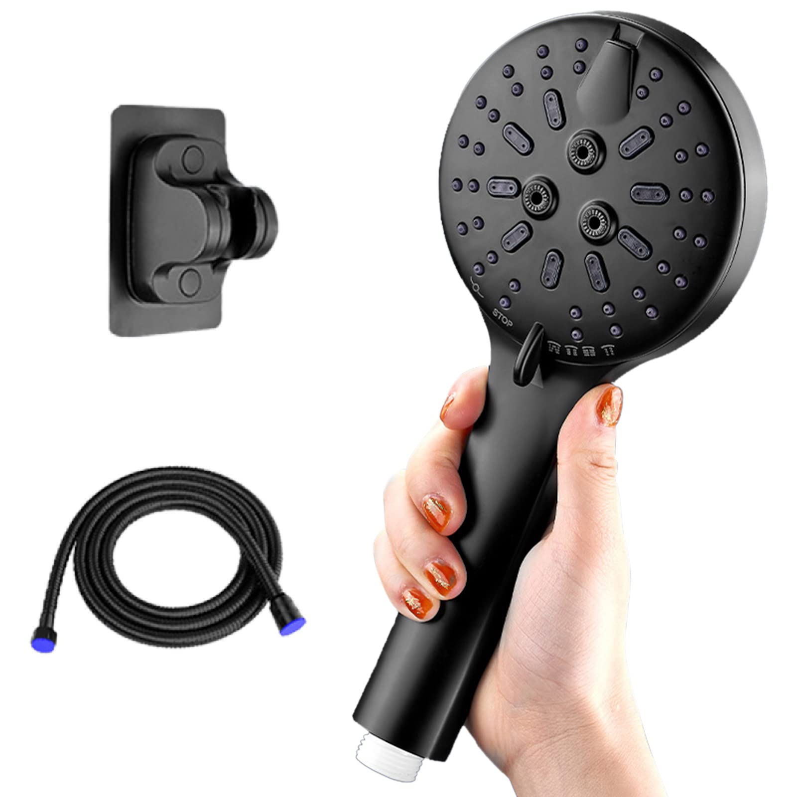 High Pressure Handheld Shower Head Set with Hose & Holder - 7 Spray Modes, Black - Perfect for Gym, Hotel & Home Bathroom Use
