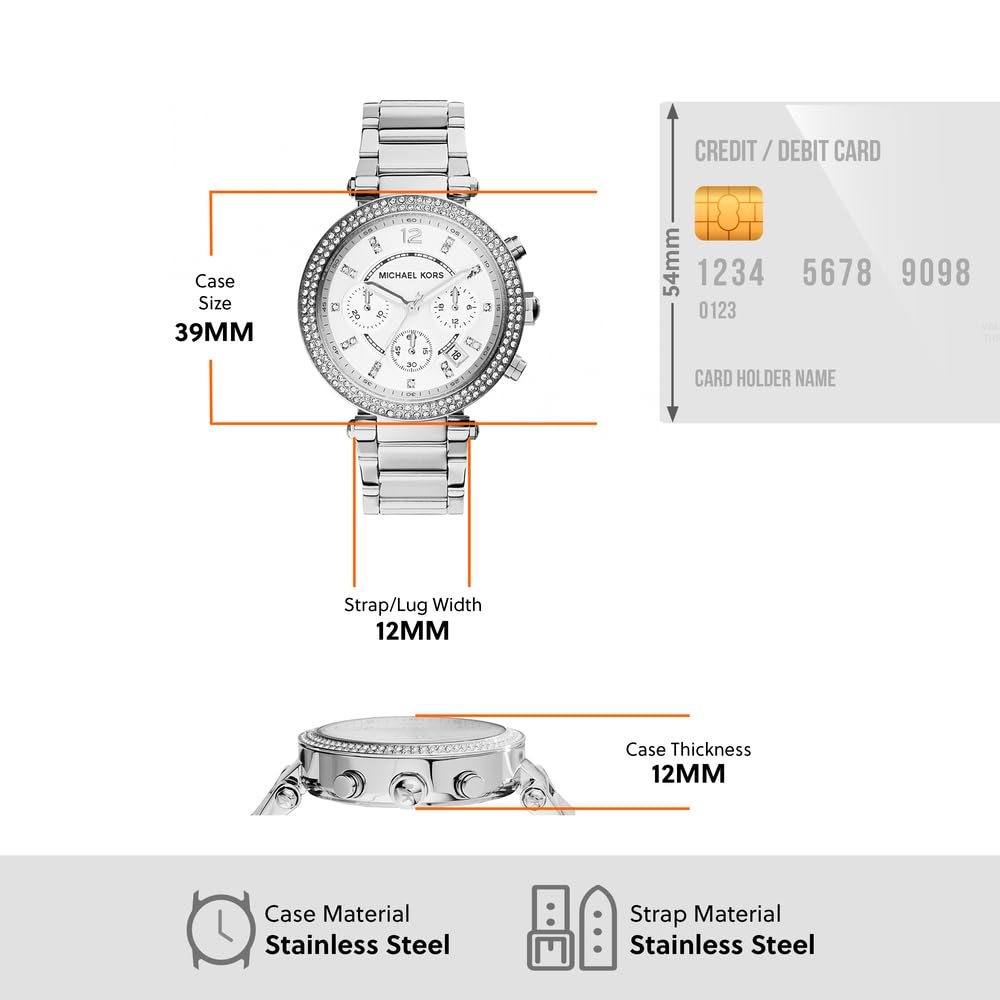 Michael Kors Parker Women's Watch - Stainless Steel & Pavé Crystal Watch with Interchangeable Steel, Leather, or Silicone Bands | Elegant Dress Watch for Work, Parties & Everyday Wear