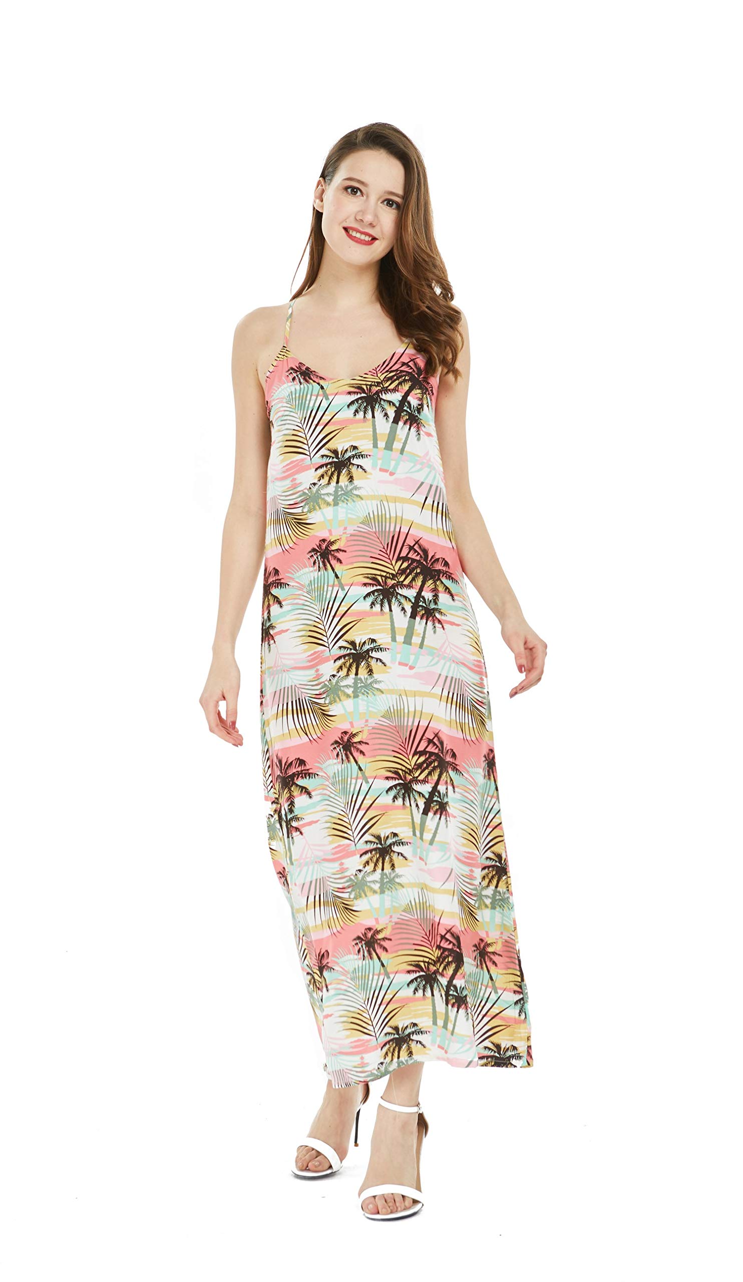 Hawaiian Luau Beach Sunset Print Maxi Dress for Women - Floral Sweetheart Neckline Long Dress for Summer Vacation, Beach Party, and Tropical Getaways