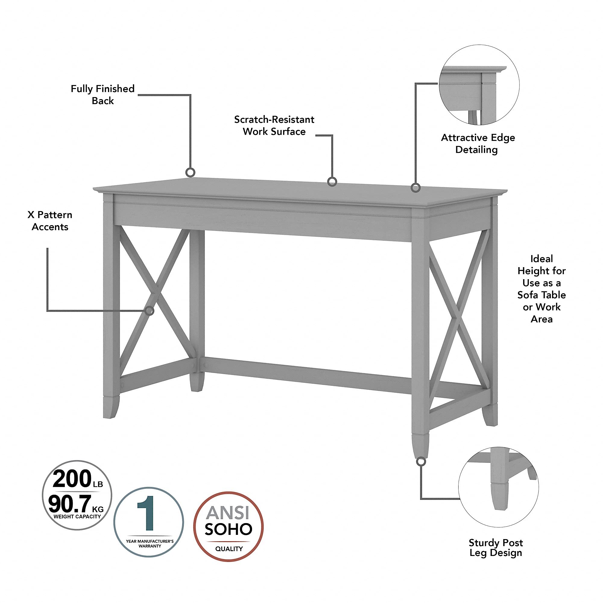 Bush Furniture Key West 48W Writing Desk with Mid Back Tufted Office Chair - Cape Cod Gray | Home Office, Study Room & Small Space Workstation Solution