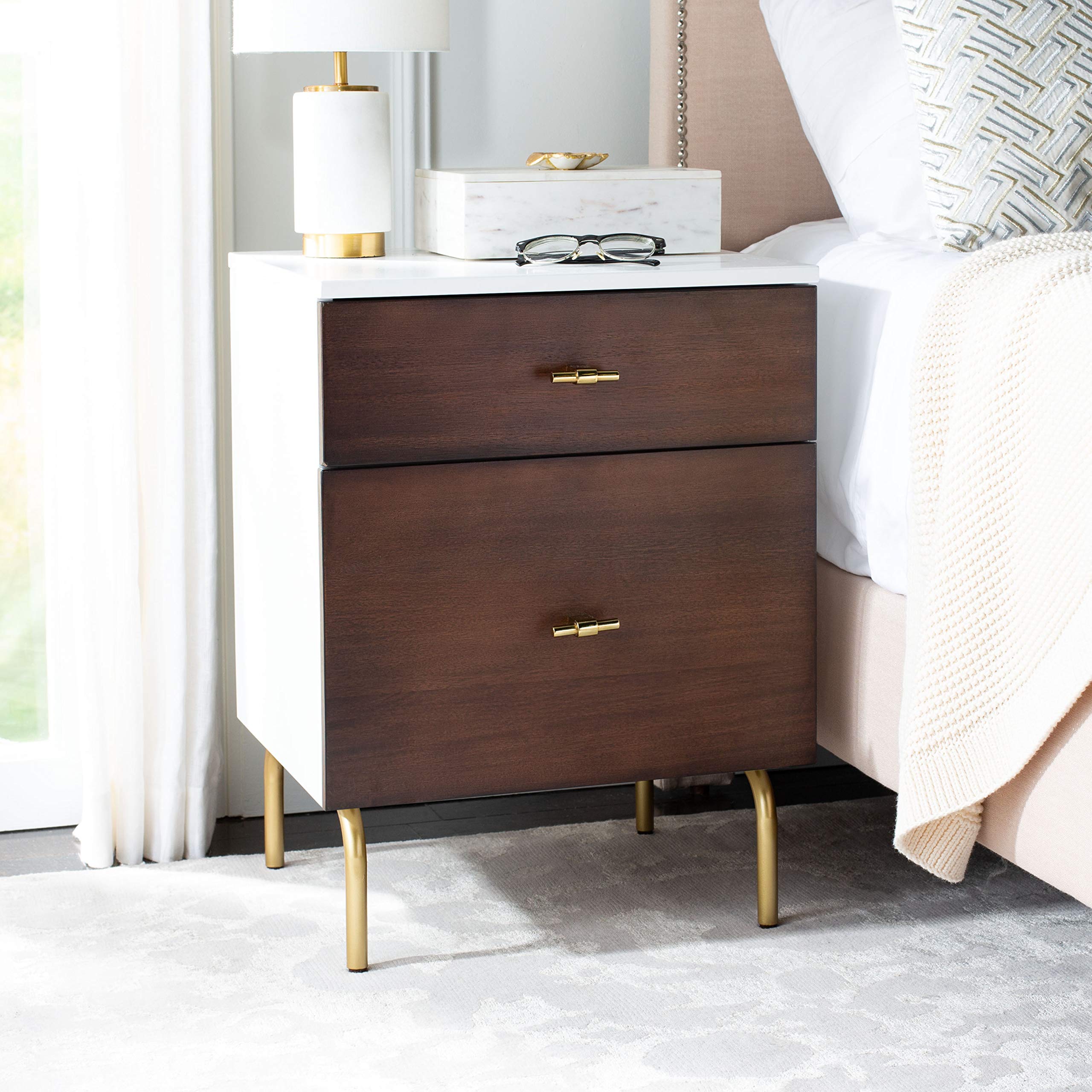 Safavieh Genevieve Modern Nightstand - Walnut & White Mahogany Finish, 2-Drawer Bedside Table for Bedroom, Living Room, or Office Storage
