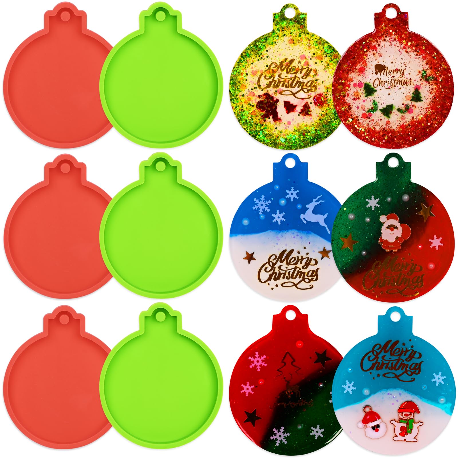 6-Piece Christmas Resin Molds Set - Red & Green Round Ornament Silicone Molds for Epoxy Resin DIY Crafts, Jewelry, Keychains & Holiday Decorations | Perfect for Handmade Gifts, Christmas Tree Decor & Festive DIY Projects