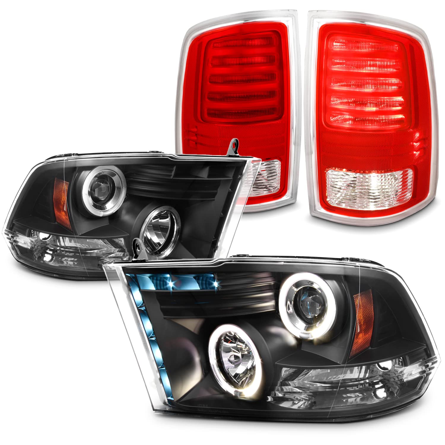 AKKON LED Headlights and Tail Lights for 2013-2018 Ram 1500/2500/3500 - Black Halo Projector Headlights with DRL & Red LED Tail Lamps + Wiring Kit - Upgrade Your Truck Lighting for Night Driving and Off-Road Adventures