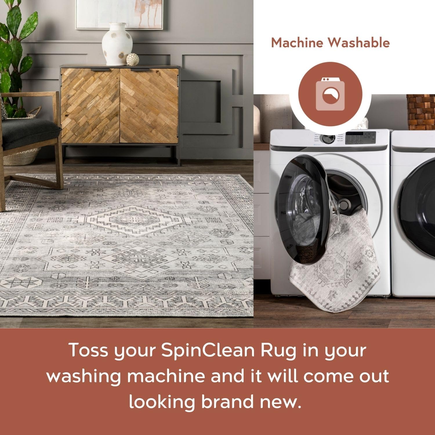 nuLOOM 8' Round SpinClean Machine Washable Stain-Resistant Non-Slip Area Rug - Low Profile for Living Room, Bedroom, Dining Room - Bowie Rust - Perfect for High Traffic Areas & Pet-Friendly Homes