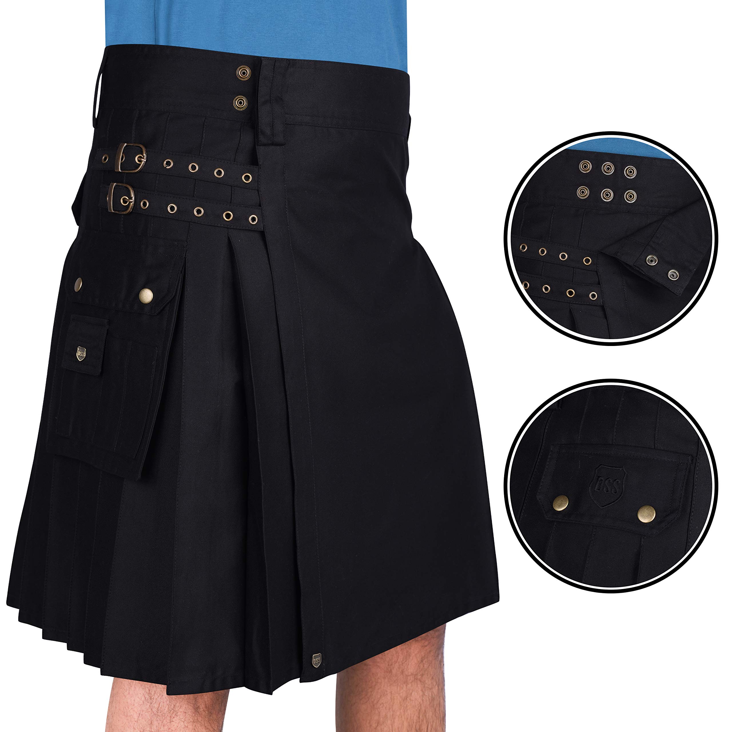 Men's Black Cotton Utility Kilt with Cargo Pockets - Durable & Stylish Kilt for Outdoor Activities, Festivals & Cosplay