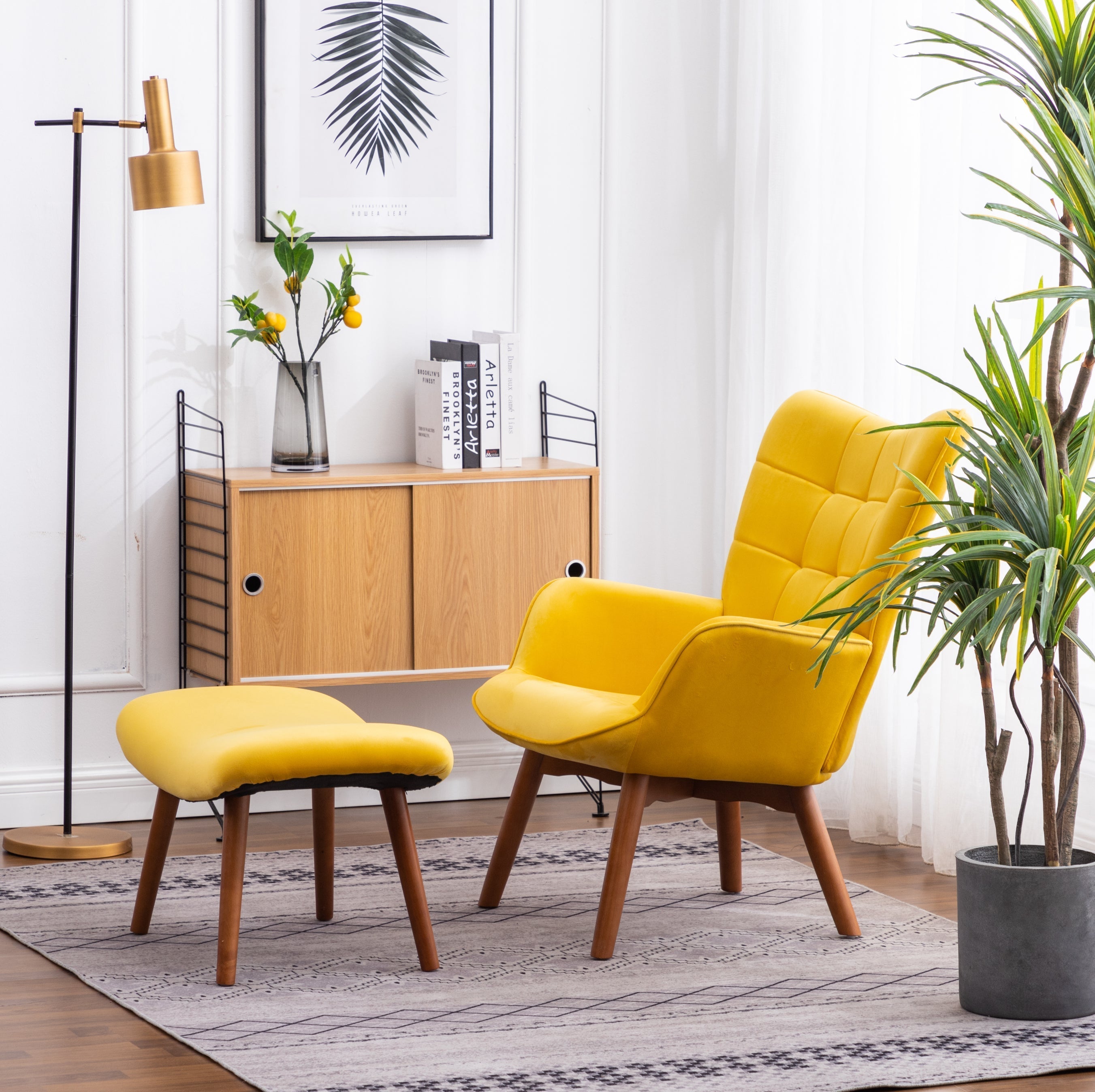 Roundhill Furniture Leiria Contemporary Silky Velvet Tufted Accent Chair with Ottoman - Modern Living Room Seating for Home Office, Bedroom & Lounge Areas