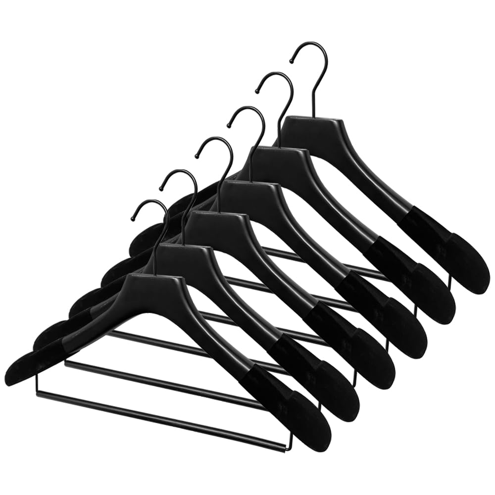 Premium Wooden Hangers with Rollbar - Heavy Duty Non-Slip Coat Hangers for Suits & Pants - Wide Shoulder Design (Black with Black Velvet, 6-Pack) - Perfect for Closet Organization & Luxury Wardrobe Storage