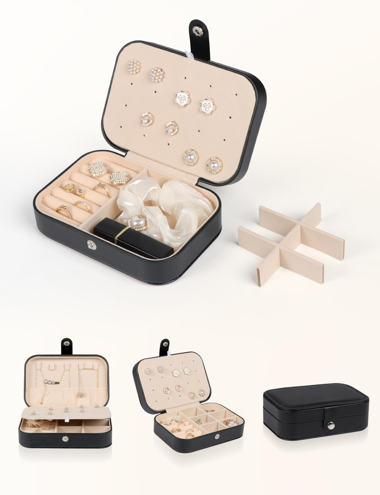 Upgraded Travel Jewelry Organizer Box for Women - PU Leather Portable Jewelry Case with Necklace, Ring, Earring & Bracelet Storage - Perfect for Vacation, Business Trips & Daily Use (Black)