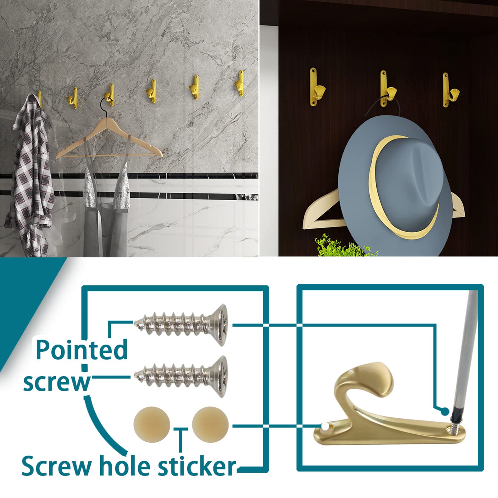 OLAYA 20 Pack Brushed Gold Wall Hooks - Heavy Duty Decorative Hooks for Hanging Coats, Hats, Bags & Kitchen Utensils | Rust-Resistant Metal Hooks for Closet, Entryway & Bathroom Organization