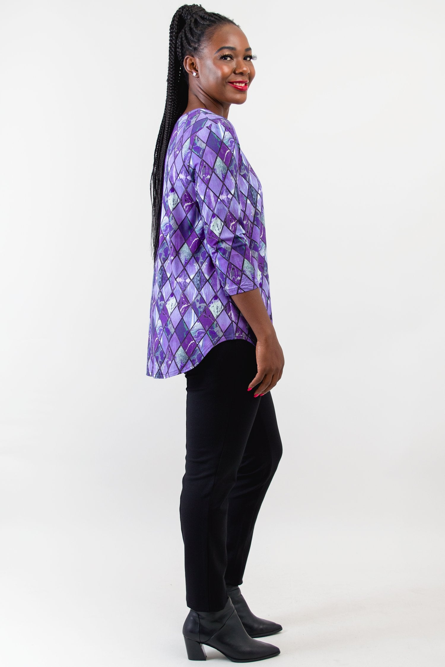 Jackie 3/4 Sleeve Women's Tops - Soft Bamboo Fabric in Violet Windowpane Print - Breathable & Comfortable for Yoga, Workout & Casual Wear - Final Sale