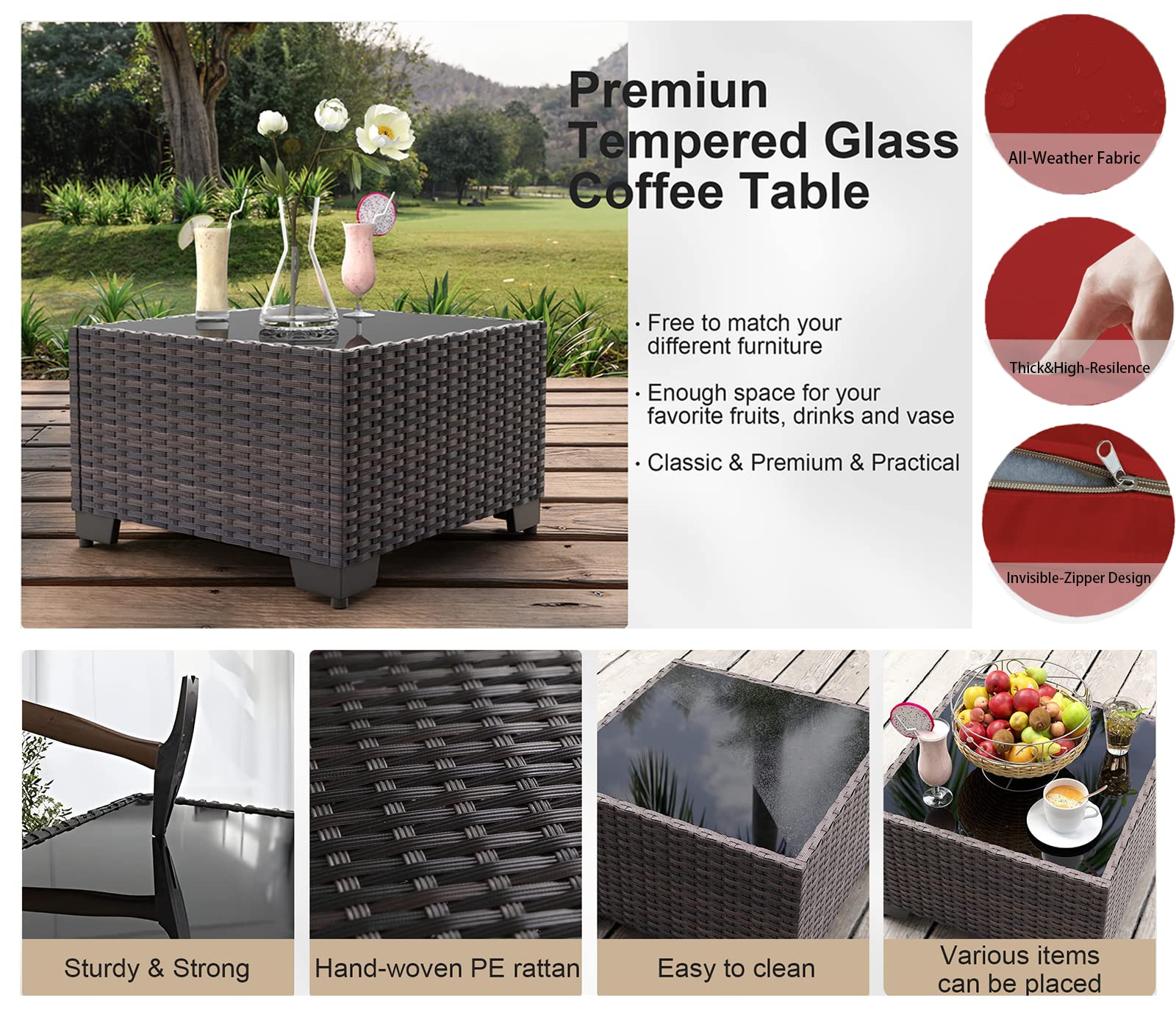 Grezone 7-Piece Outdoor Sectional Sofa Set with High Backrest - All-Weather PE Rattan Patio Furniture with Coffee Table, Cushions & Black Glass Table (Red) - Perfect for Backyard, Garden, Poolside & Outdoor Entertaining