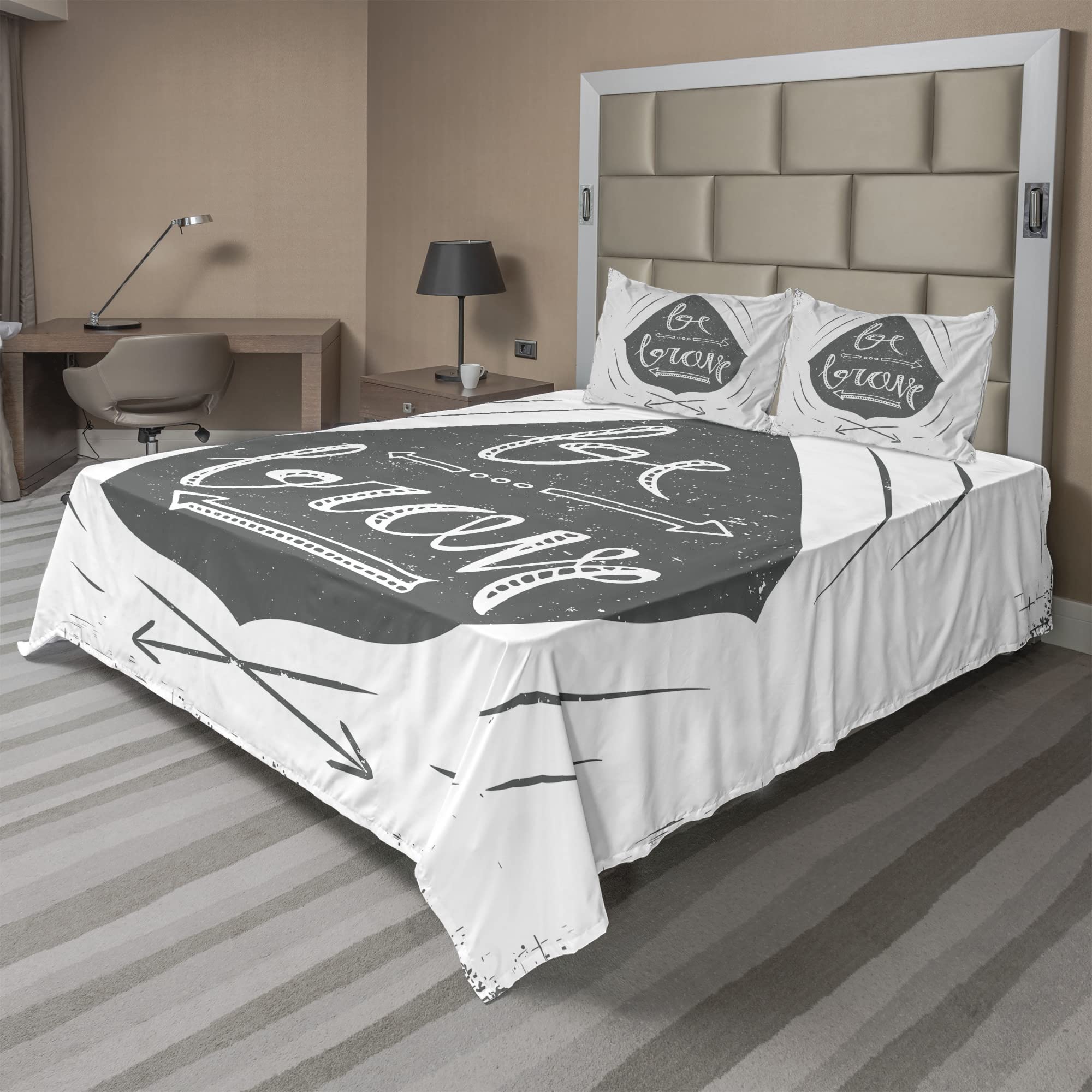 Ambesonne 4-Piece King Sheet Set - Grey & White Arrow Dot Design with 'Be Brave' Inspirational Quote, Soft Bedding for Comfortable Sleep | Perfect for Master Bedroom, Guest Room & Cozy Home Decor