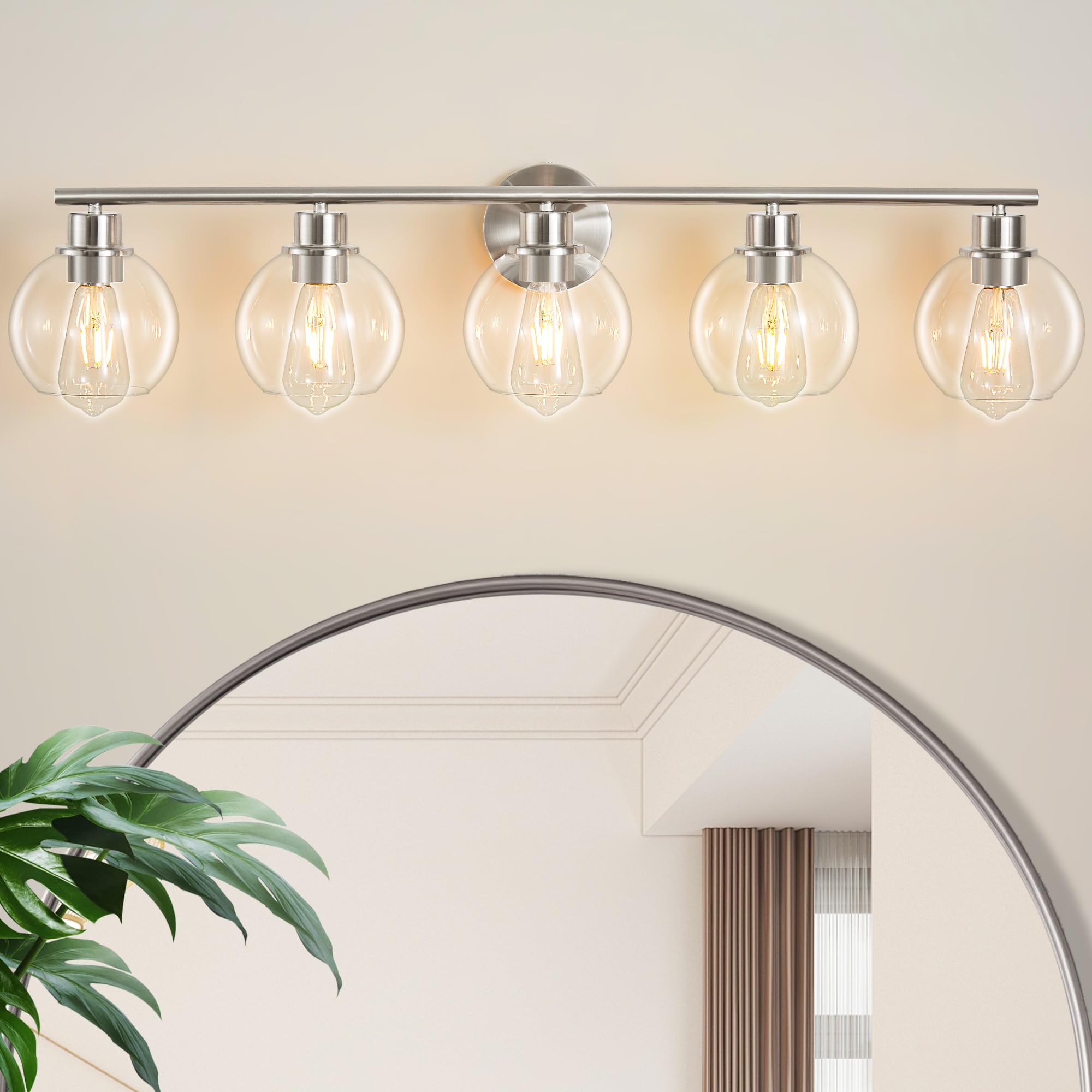 5-Light Modern Bathroom Vanity Light Fixture - 37.4 Inch Brushed Nickel Wall Sconce with Clear Globe Glass Shades for Mirror Lighting | Perfect for Bathroom, Powder Room & Dressing Area Illumination