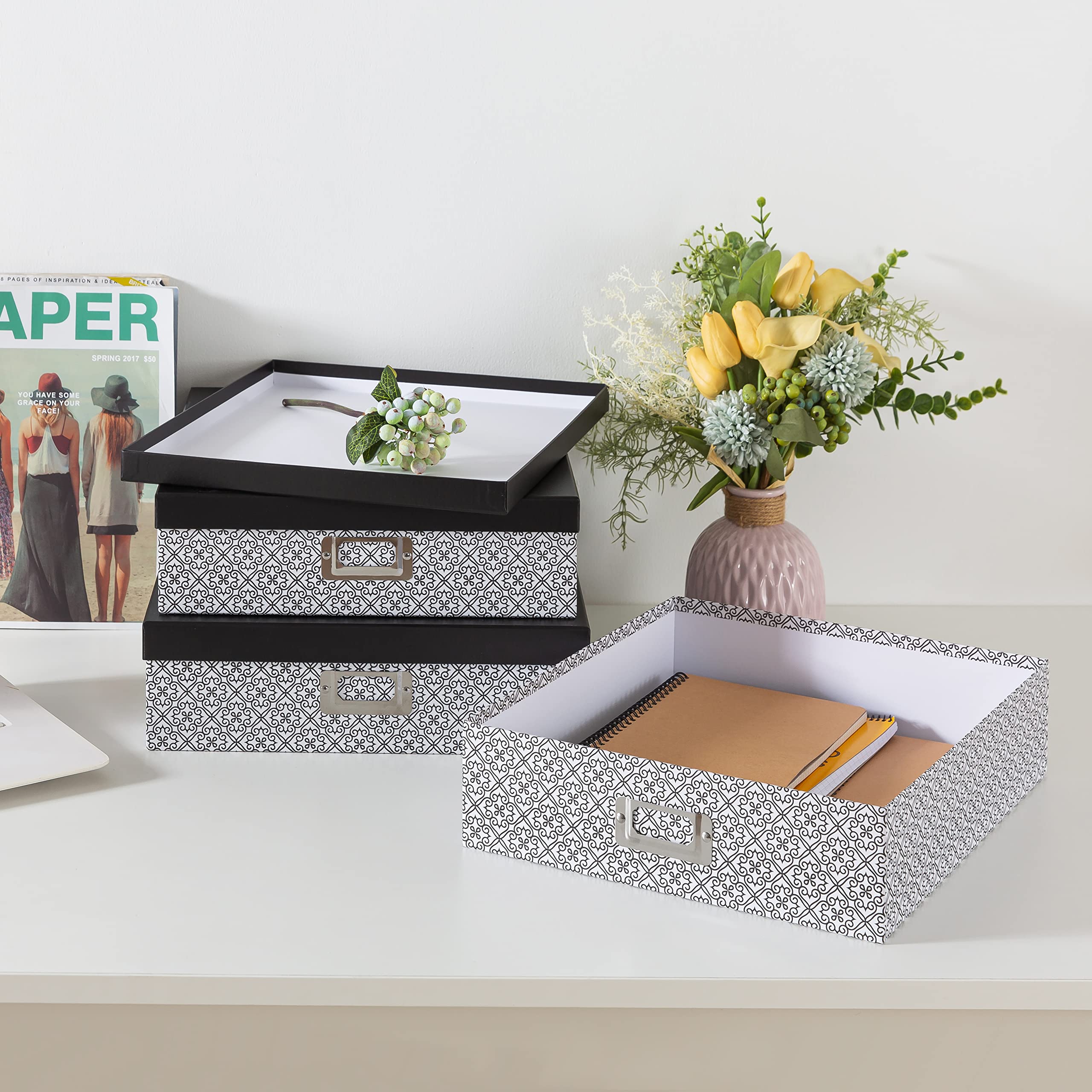 SLPR Black and White Decorative Cardboard Boxes with Lids - Set of 3 Nesting Paperboard Storage Boxes for Scrapbooking, Keepsakes, Photos, Letters & Documents | Perfect for Home Organization, Memory Keeping & Gift Wrapping