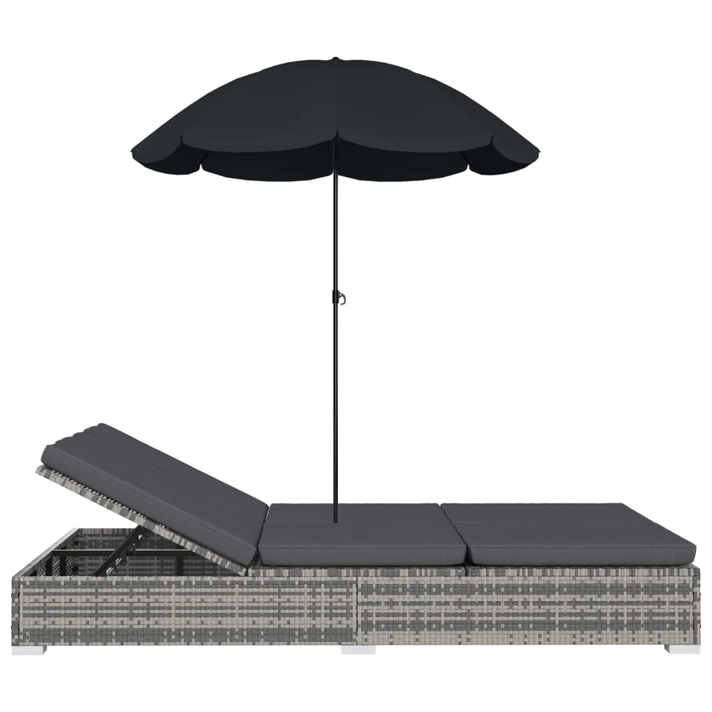 vidaXL Double Chaise Lounge Patio Daybed with Umbrella - Adjustable Outdoor Sun Lounger in Gray Poly Rattan, Waterproof & UV-Resistant - Perfect for Poolside Relaxation, Backyard Lounging, and Outdoor Sunbathing